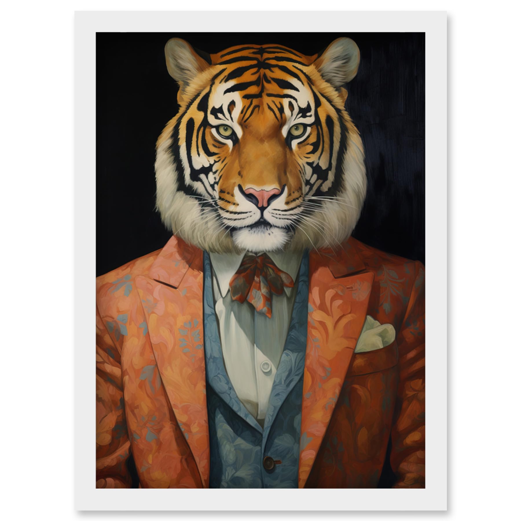 Artery8 Tiger About Town Artwork Coral Pink and Cerulean Blue Suit Conceptual Portrait Artwork Framed Wall Art Print A4