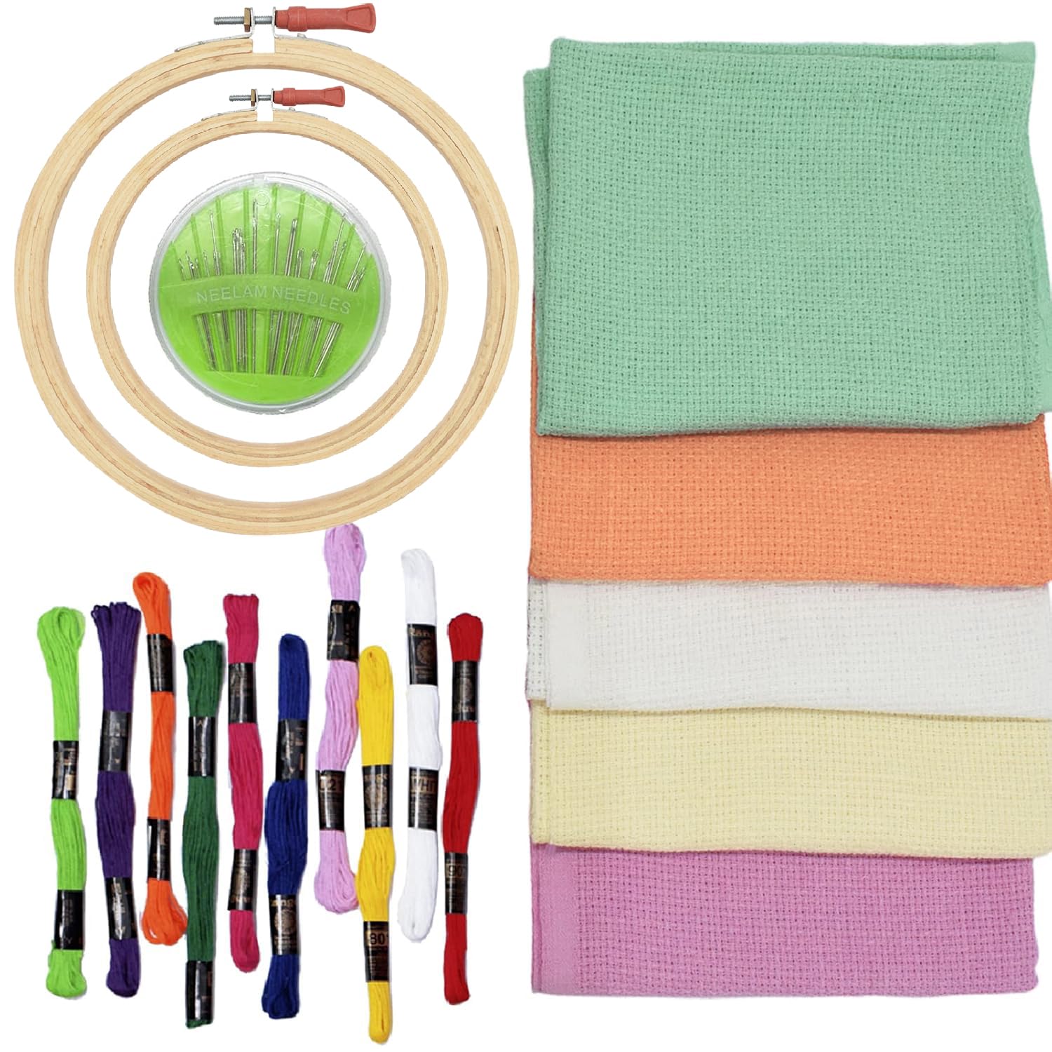 Embroidery Kit, Complete Started Kit for Beginners, Includes 2 Wooden Rings, 5 Matty Fabric (16x20), Threads x10, Needles Set, DIY Embroidery Set for Women and Girls (9)