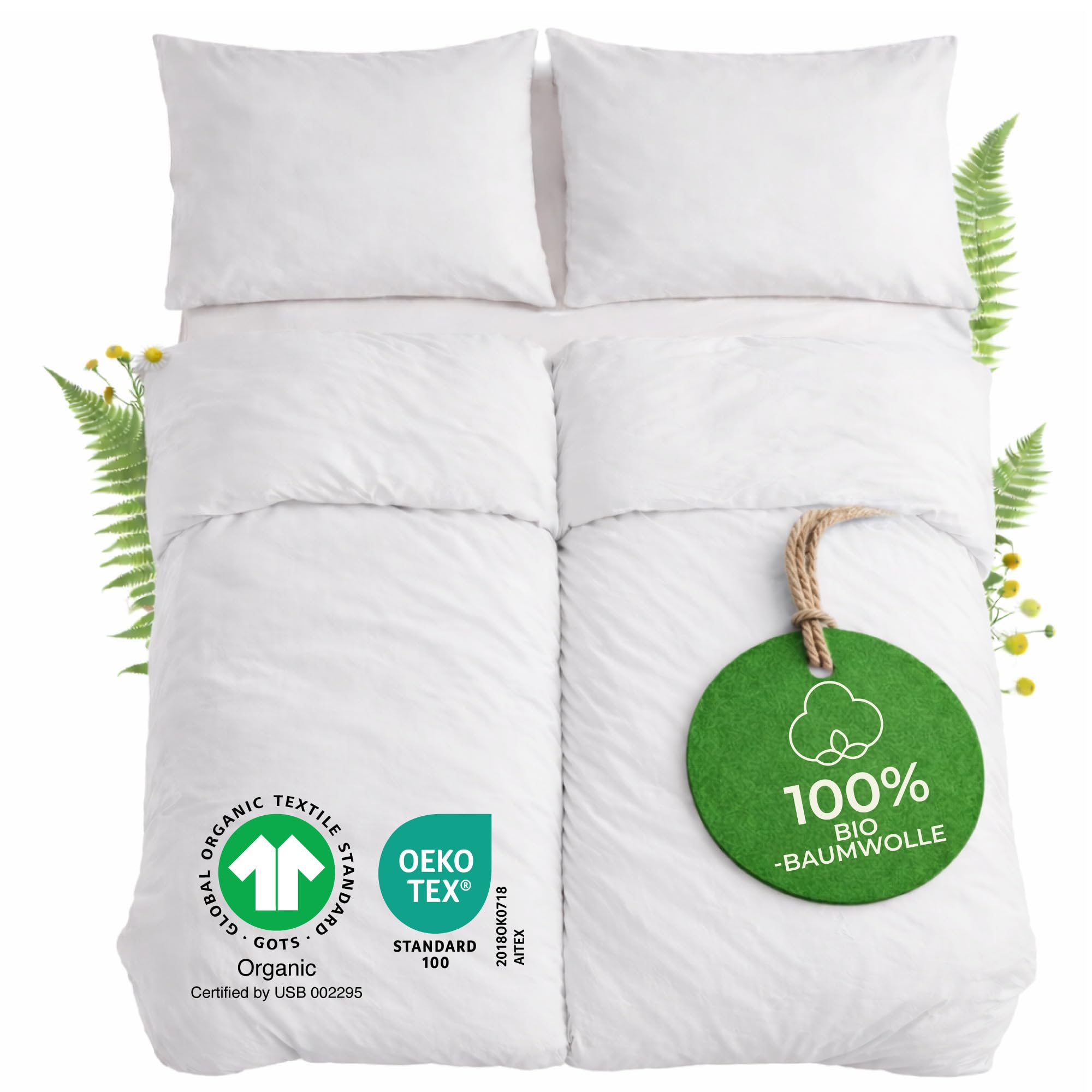 Dreamzie Bettwäsche 135x200 100% Baumwolle 4teilig mit 2 Kissenbezüge 80x80 cm - Bio-Baumwolle Percale 180 TC - Atmungsaktiv & Weich, Oeko-Tex & GOTS Zertifiziert, Weiß