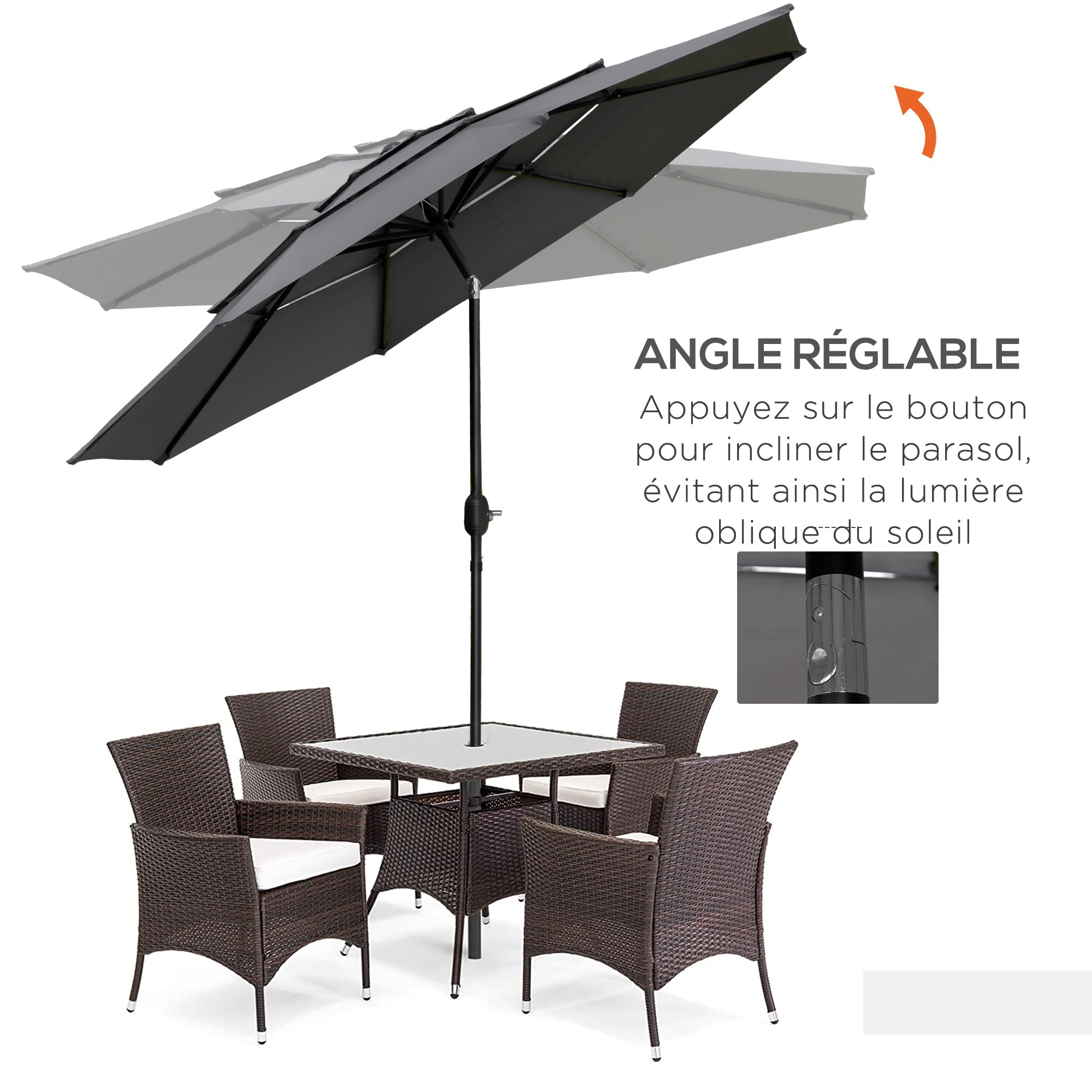 Outsunny Parasol de jardin extérieur parasol inclinable rond Ø 2,85 x 2,5 m avec ouverture fermeture manivelle, 2 évents, toile 180 g/m² protection Anti-UV, parasol pour balcon, terrasse, gris