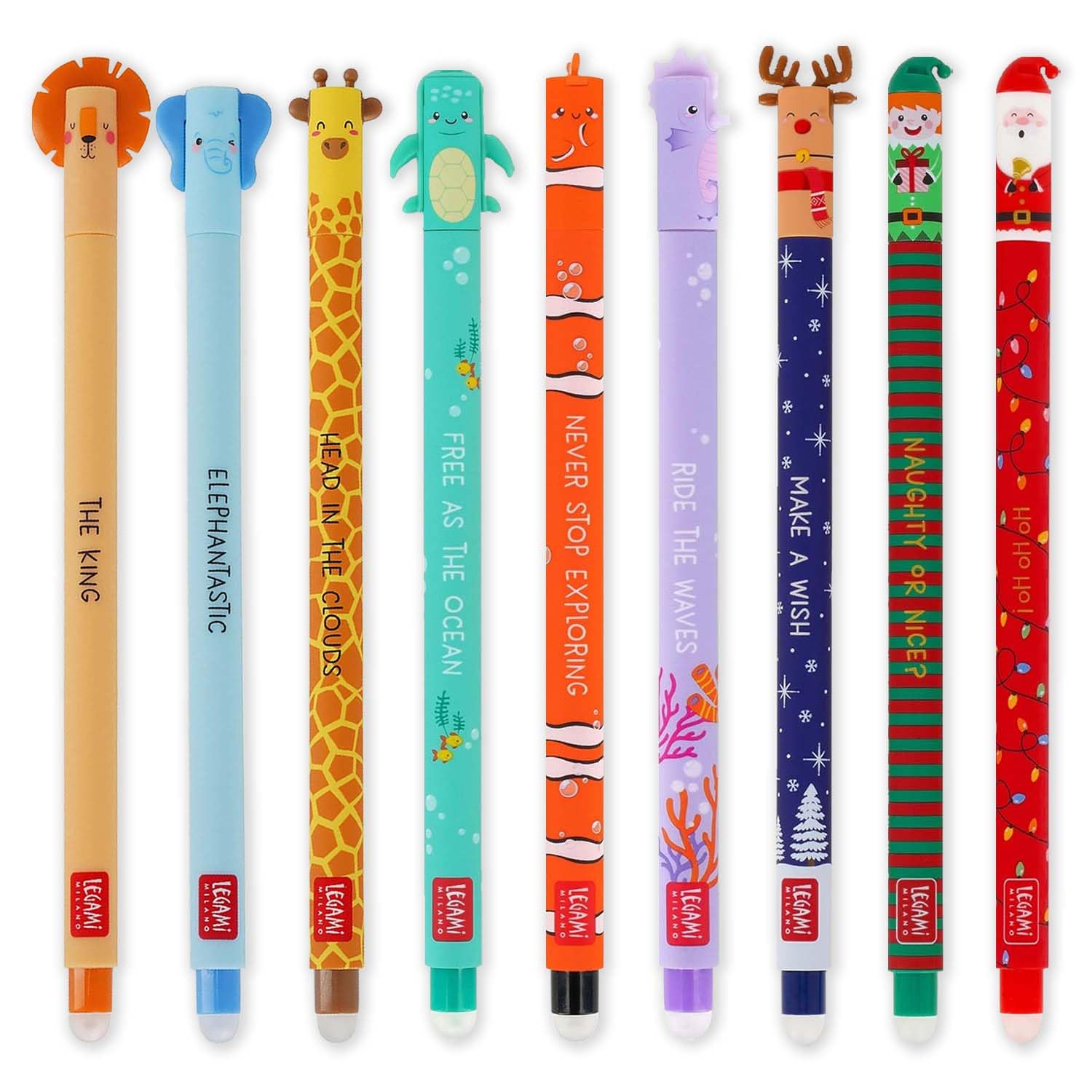 Legami - Juego de 9 bolígrafos de gel borrables con tinta de borrado termosensible, tinta de colores y diseños de cuerpo, punta de 0,7 mm, Savannah, Under the Sea y Naughty or Nice