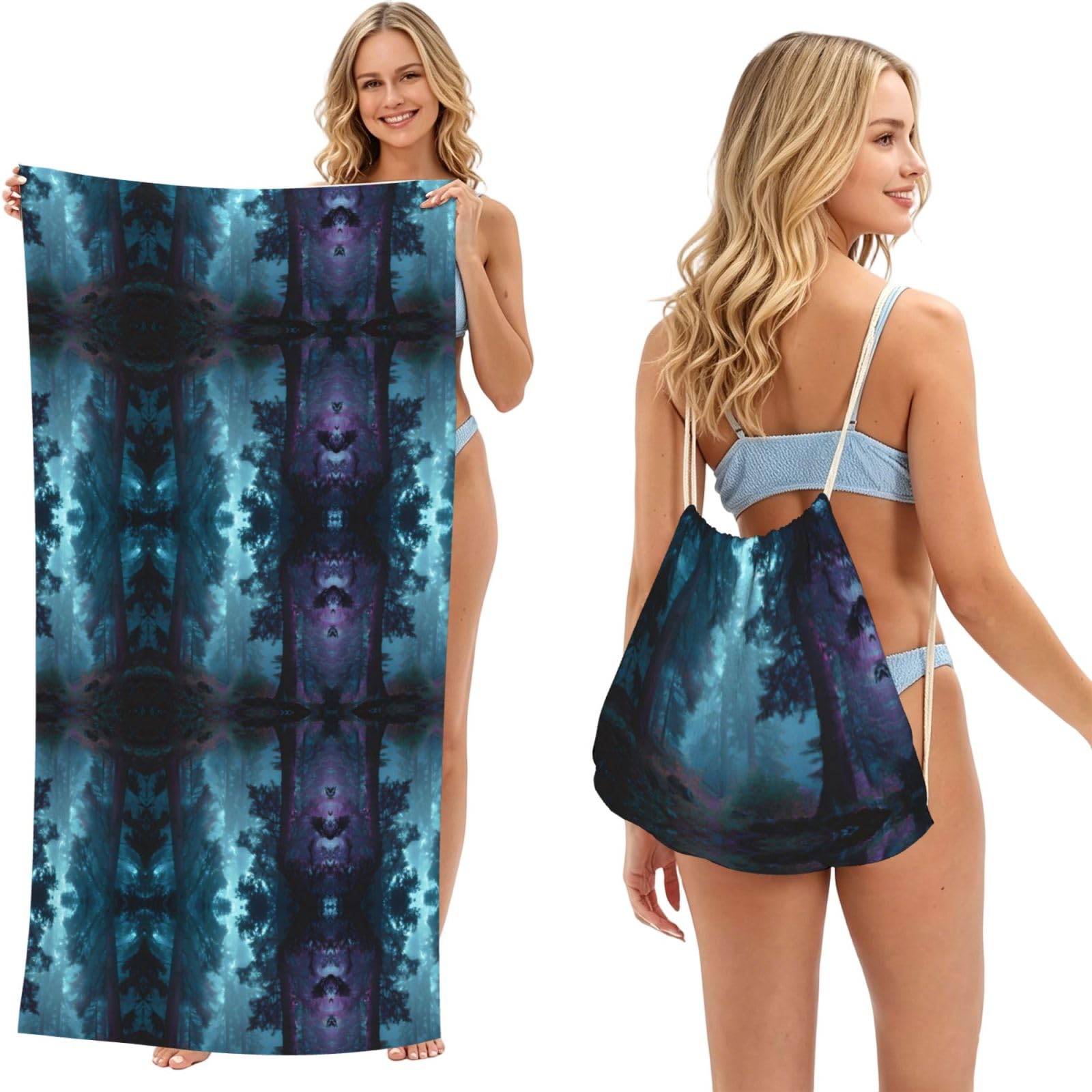 EZDLOWVBA Misty Forest Print Beach Towel Backpack 2 In 1 Summer Large Lightweight Beach Towel - Multifunctional Ship Pattern Towel Bag For Storage,Sport