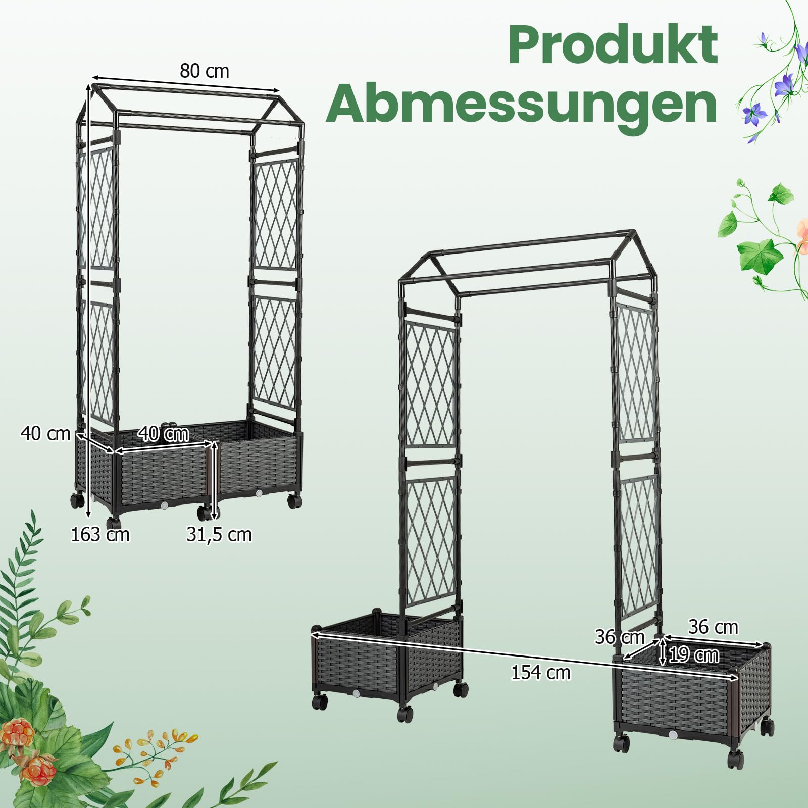 COSTWAY Blumenkasten mit Rankgitter & hängendem Dach, 163 cm, 2 in 1 Rosenbogen mit 2 Pflanzkästen, Gartenbogen auf Rollen, Metall & PP-Rattan, Rankkasten mit Spalier, für Kletterpflanzen (Grau)