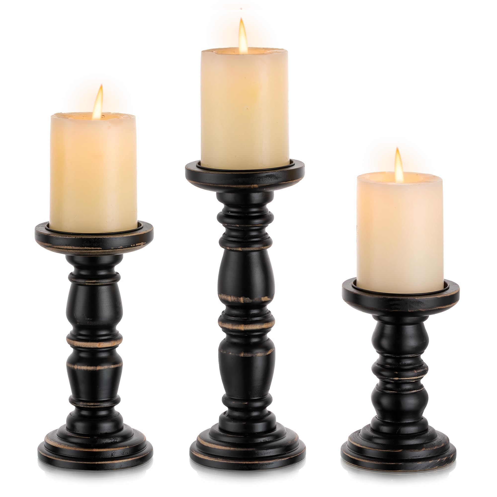 Wood Candle Holders for Pillar Candles, Solid Farmhouse Candle Holders (Set of 3), Tall Candle Holder, Stable Black Candle Holder for Home Decor, Fireplace, Event, Black