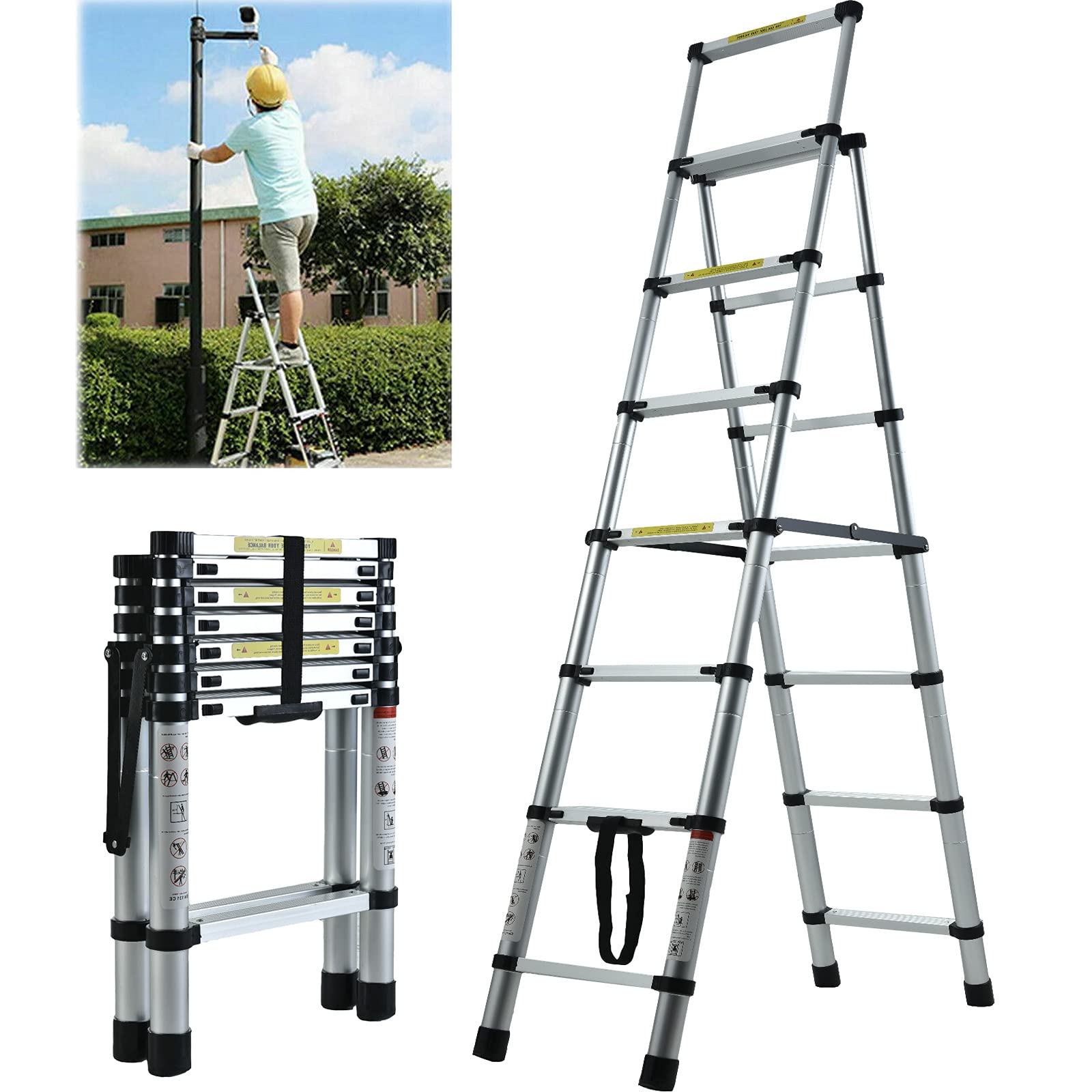 Xinng Silver 7 Step Ladder Aluminium Telescopic Heavy Duty Tall Stepladder 150Kg/330Lbs Capacity Anti Slip Safety Ladder En131 Standard
