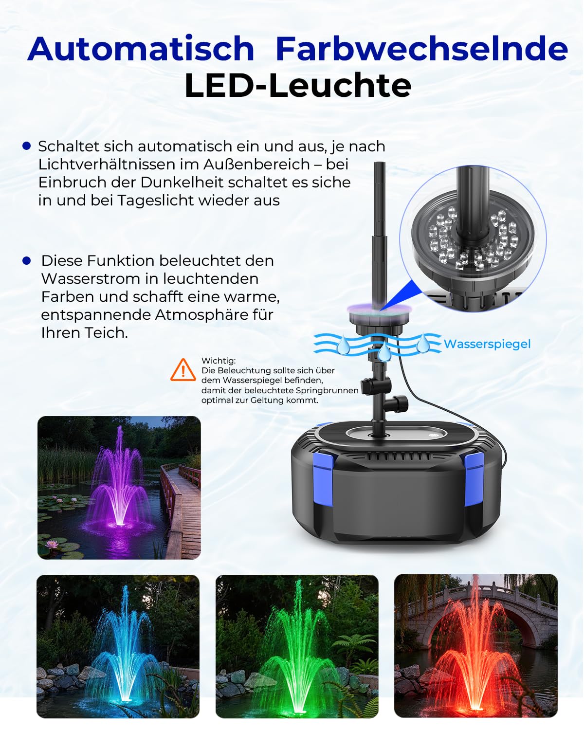 Hitauing All-in-One Tteichpumpe 3000 L/H 40W mit automatischer bunter LED, Teichpumpe für Außen mit 3 Sprühbildern, Springbrunnen-Set mit Wasserpumpe für Garten, Wasserspiele, Vogeltränken