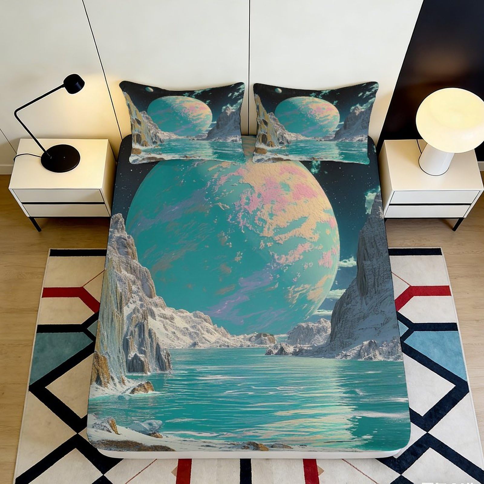3D Printed Galactic Planet Fitted Sheet Microfiber Soft Durable Cosmic Nebula Mattress Cover for Bedroom Dormitory Guest Room Mattress Protection 200x200x25cm