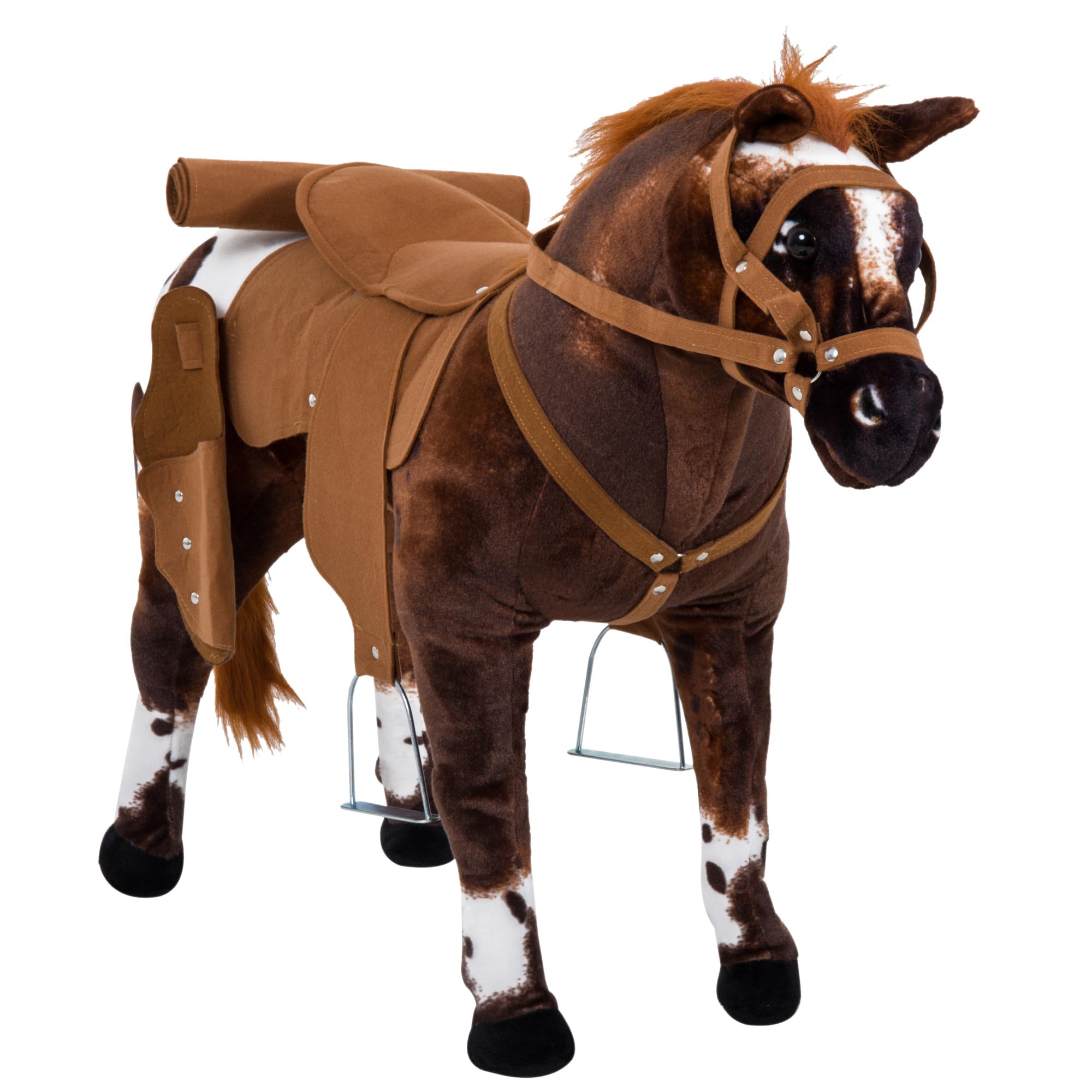 Qaba Standing Ride on Horse, Plush Pony Toy for Kids with Neighing Sound, Soft Padding, for Cowboy Cowgirl Aged 3-8 Years Old, Brown