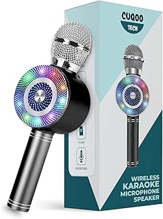 CUQOO Round 3 in 1 Wireless Bluetooth Karaoke Microphone in Black – Smartphone Compatible Handheld Mic Speaker Machine | Kids Microphones for Singing with Dancing LED Lights & Record Function