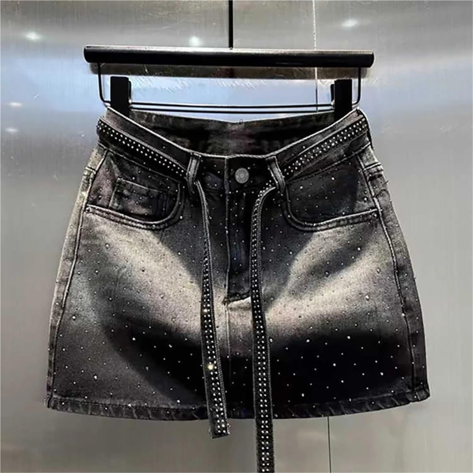 Minigonna in Denim con Diamanti retrò Oversize da 1 Pezzo for Le Donne, Vita Estiva, gonne Sottili Rivetti Lucidi, Jean sfumate per Vacanze E Feste