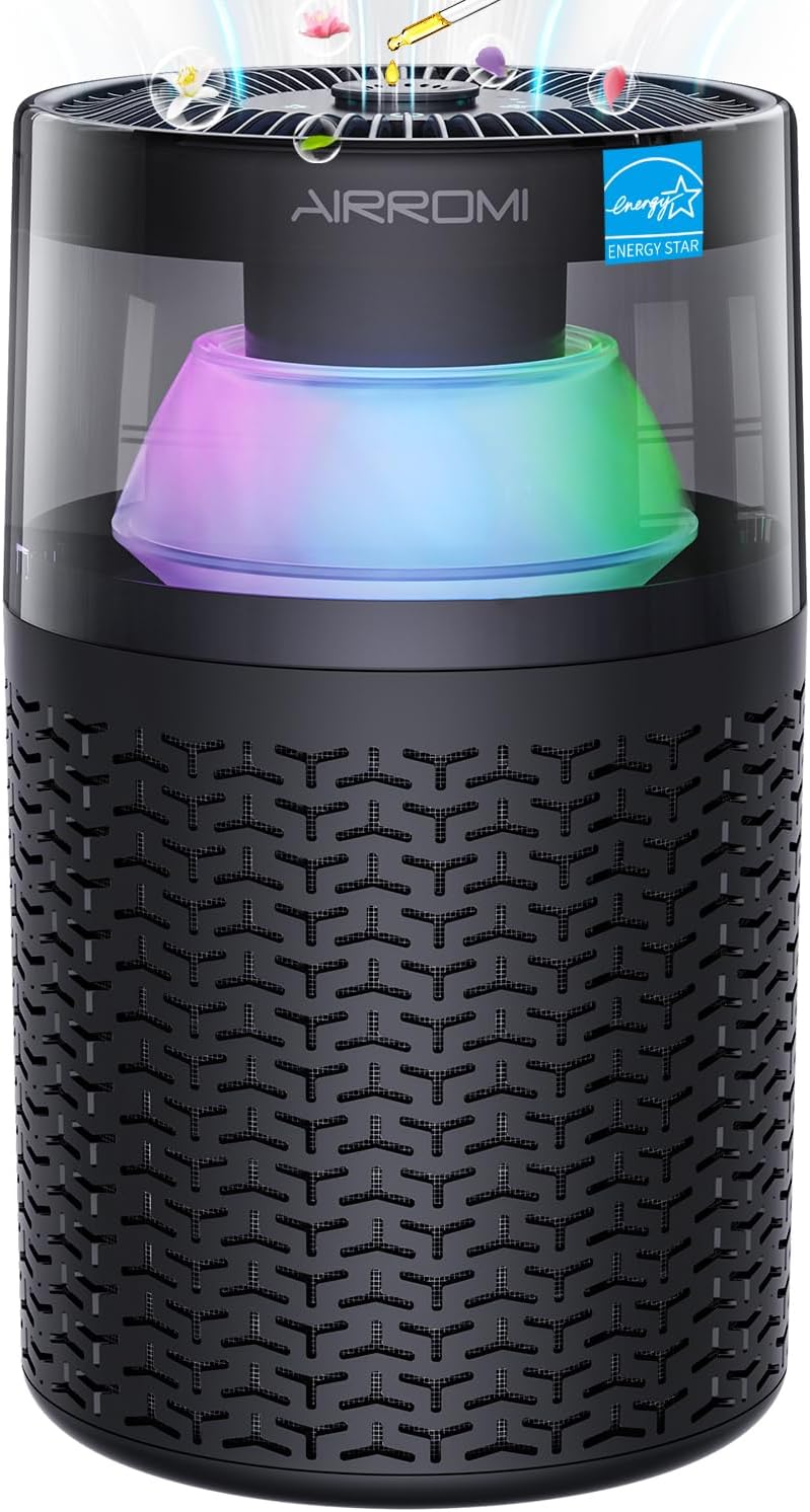 AIRROMI Air Purifiers for Bedroom Home,Up to 658 Ft²,Activated Carbon Filter Cleaner,With Fragrance Sponge for Better Sleep,Night Light,Pet Dander,Allergies,Smoke,Odor,Desktop Air Cleaner A2002 Black