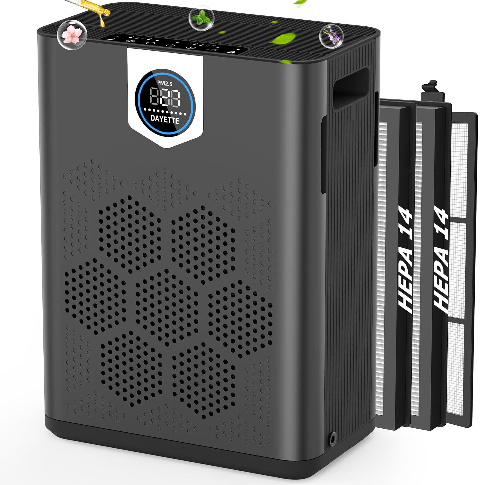 DAYETTE Air Purifier for Home Large Room Bedroom Up to 3000 Ft² with Washable Pre-Filter, Air Quality Monitor, HEPA Air Purifiers with Sleep Mode for Dust, Pollen,Black