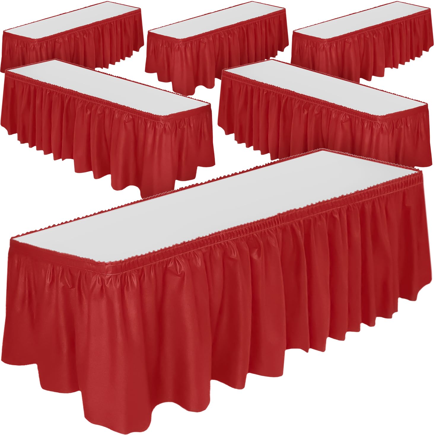DecorRack 6 faldas de mesa, 29 x 14 pies cada uno, paquete múltiple – sin BPA, falda de mesa de plástico, desechable, reutilizable, falda rectangular para mantel, rojo (paquete de 6)