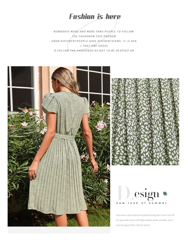 Abito Vestito con Scollo A V Pieghettato Stampato Verde Stampato Verde