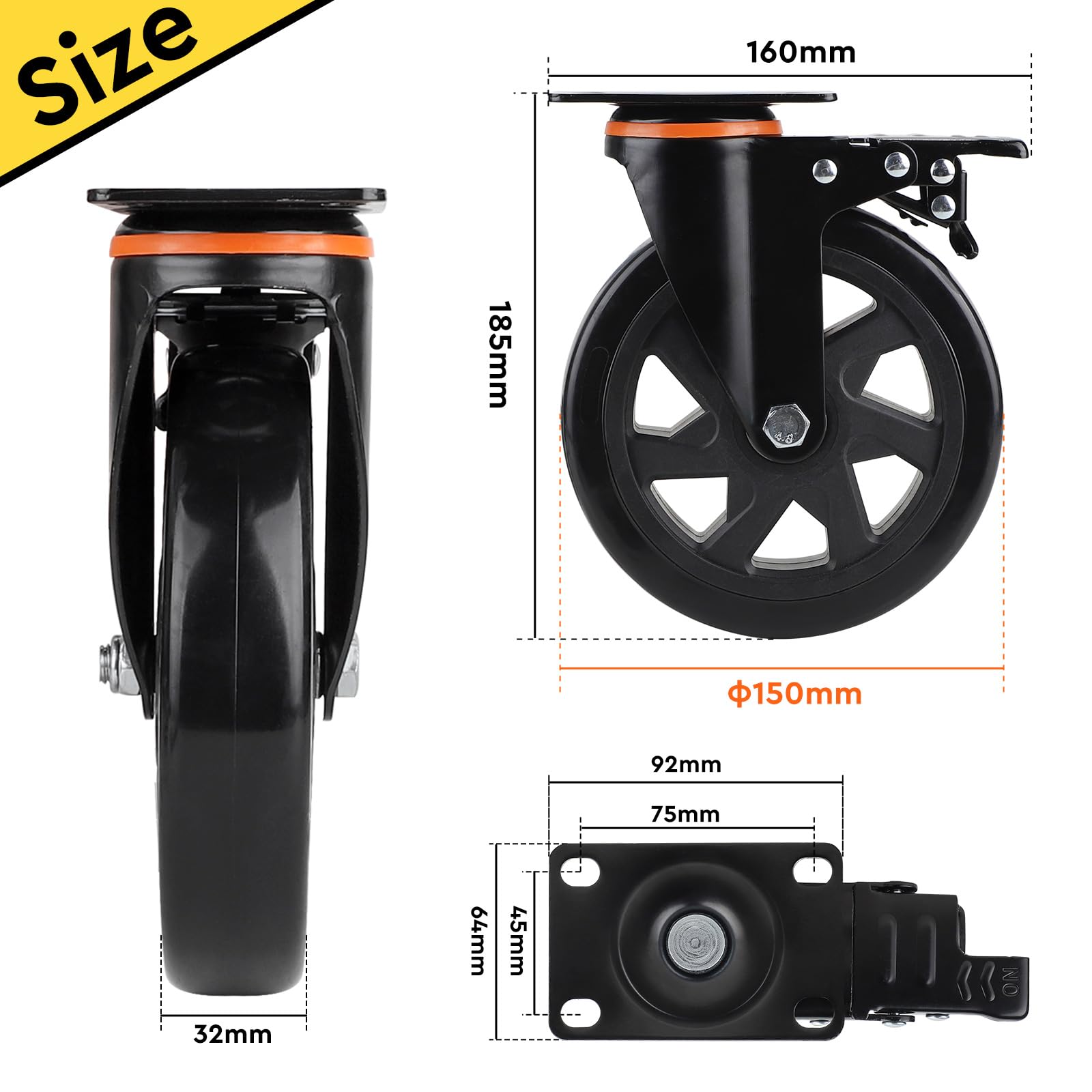 SWAWIS 4Pcs Ruedas Giratorias 150mm, Ruedas Pesados con Freno, Rueda Pivotantes Poliuretano con Tornillos Hasta 800kg, Ruedas para Muebles, para Hogar Oficina Fábrica