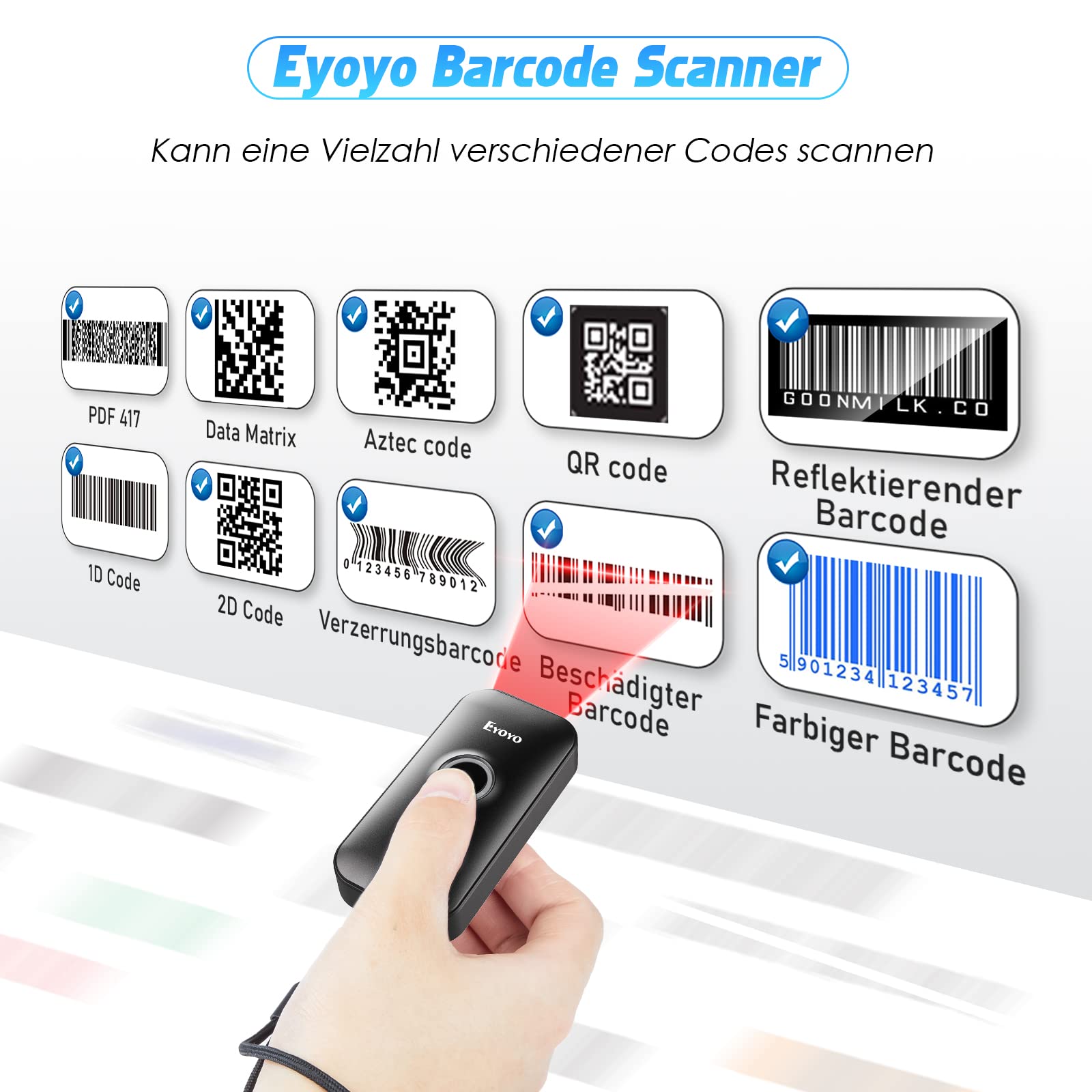 Eyoyo Mini 2D Bluetooth Barcode Scanner, 3 in1 Bluetooth USB 2.4G Wireless, Portable Bar Code Scanner for Windows Android iOS