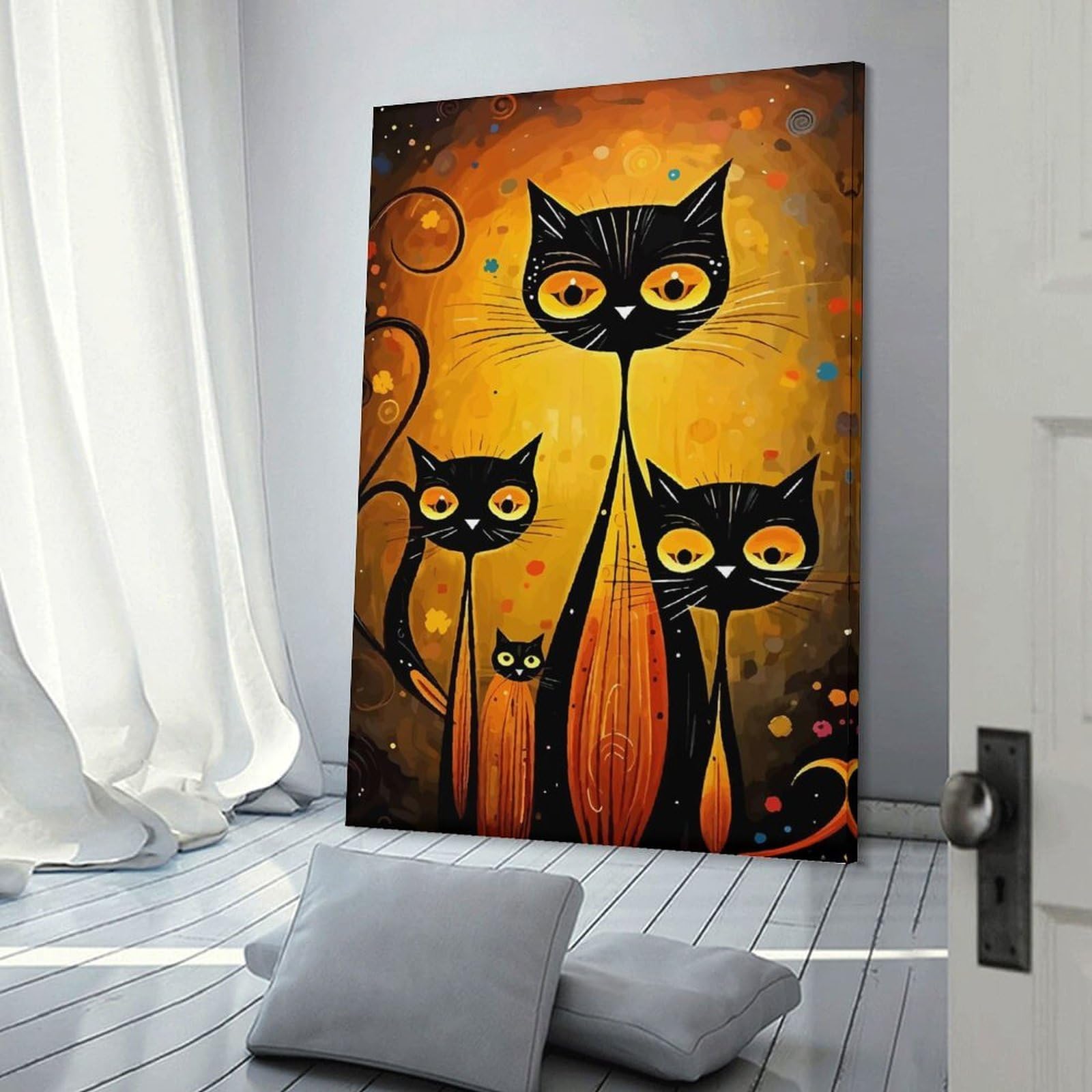 Junmoney Abstract Black Cats Canvas Wall Decor, 24x36inch(60x90cm), for Office, Study Or Home Workspace, Wall Art That Adds Style to Work Areas