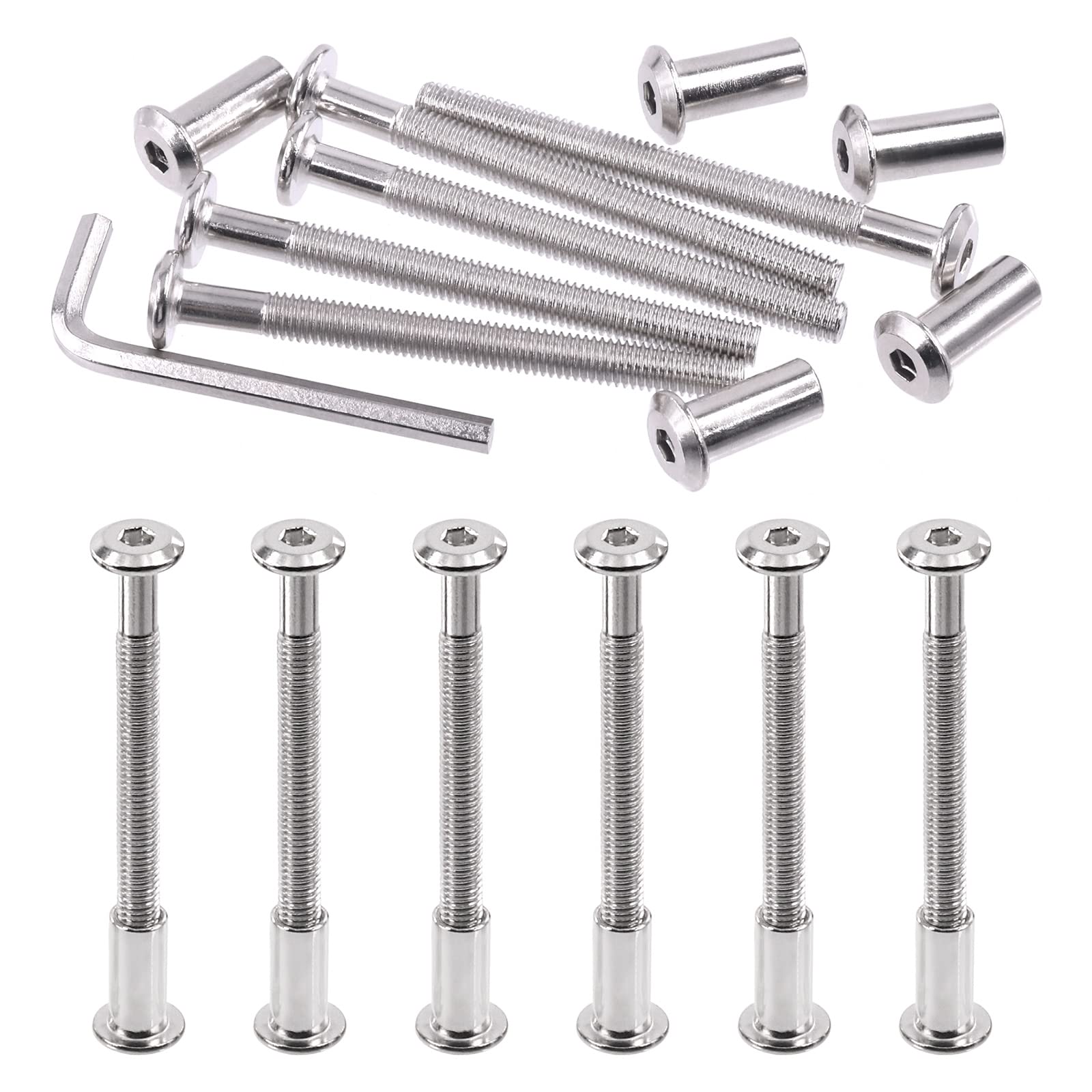 Swpeet 25Pcs M6x70mm Nickel Plated Sliver Binding Screws Hex Drive Socket Cap Bolts Barrel Nuts Assortment Kit with 1Pcs Allen Wrench, Screw Post Fit for Furniture Countsunk Binding Bolts