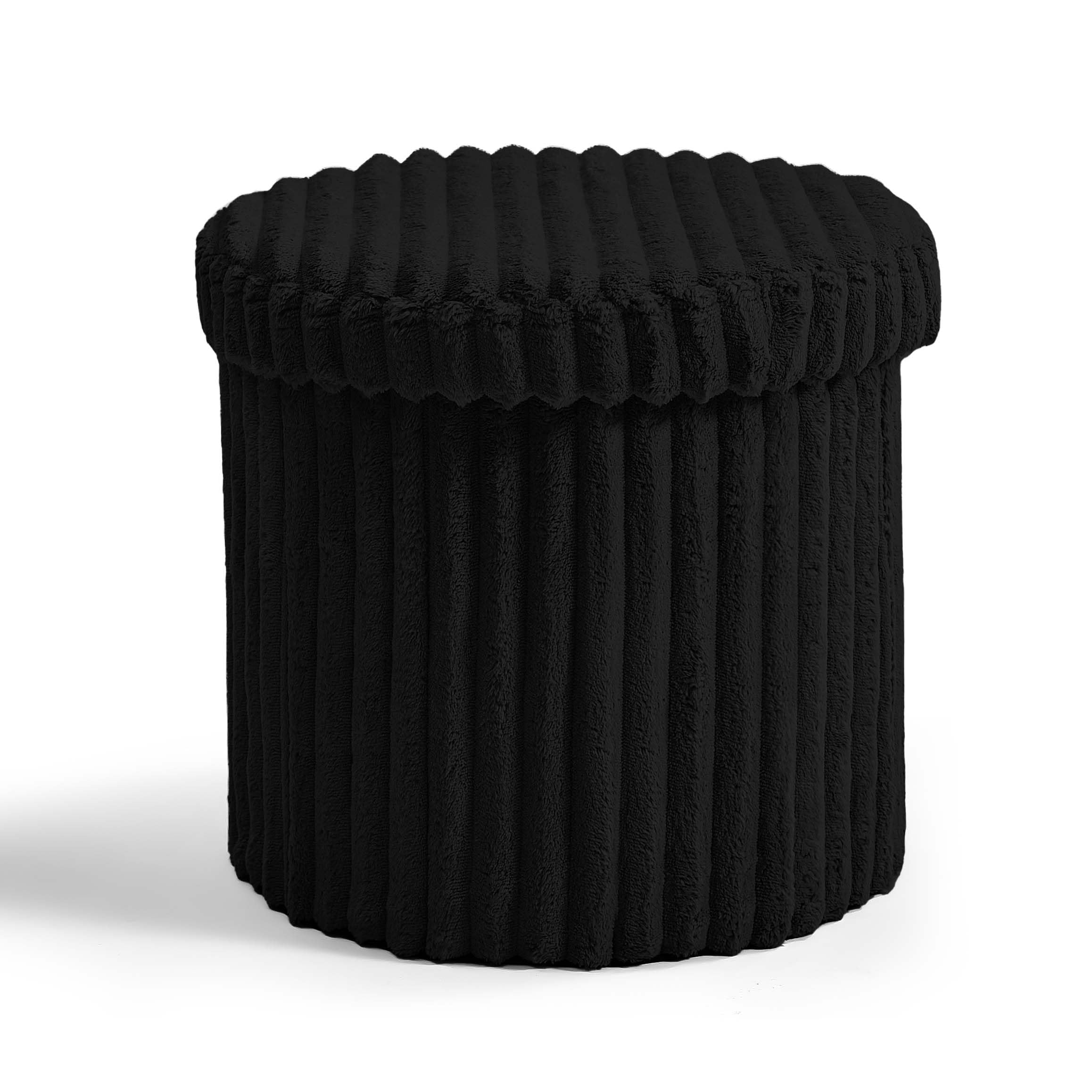 GC GAVENO CAVAILIA Round Ottoman Storage Box with Lid - Large Footstool Bench for Living Room & Bedroom (40 x 40 x 37 Cm) - Boucle Stool, Soft Plush Fabric Pouffe Seat with Hidden Storage - Black