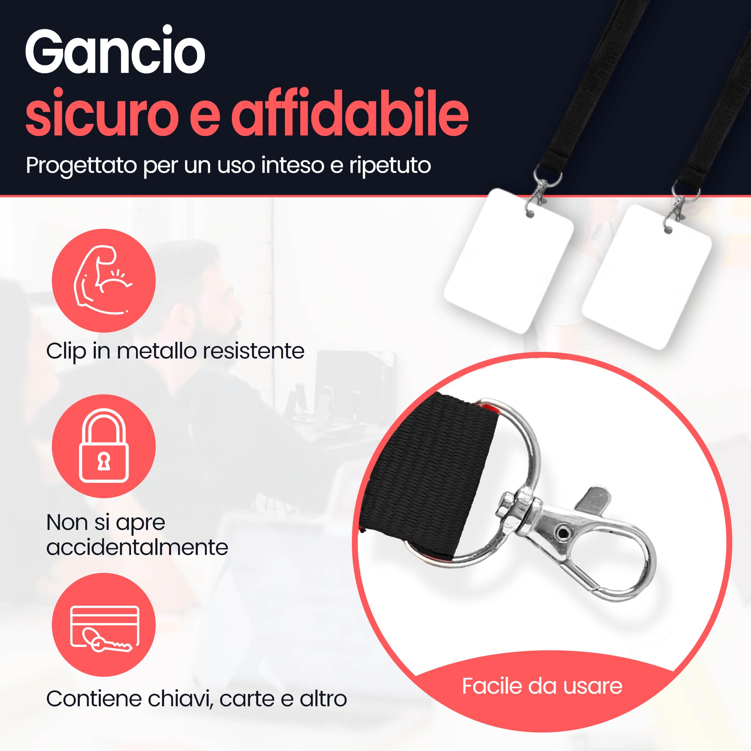 Porta Badge Da Collo Con Gancio In Metallo - Cordino In Poliestere 2cm x 46cm per Tessere, Chiavi, USB