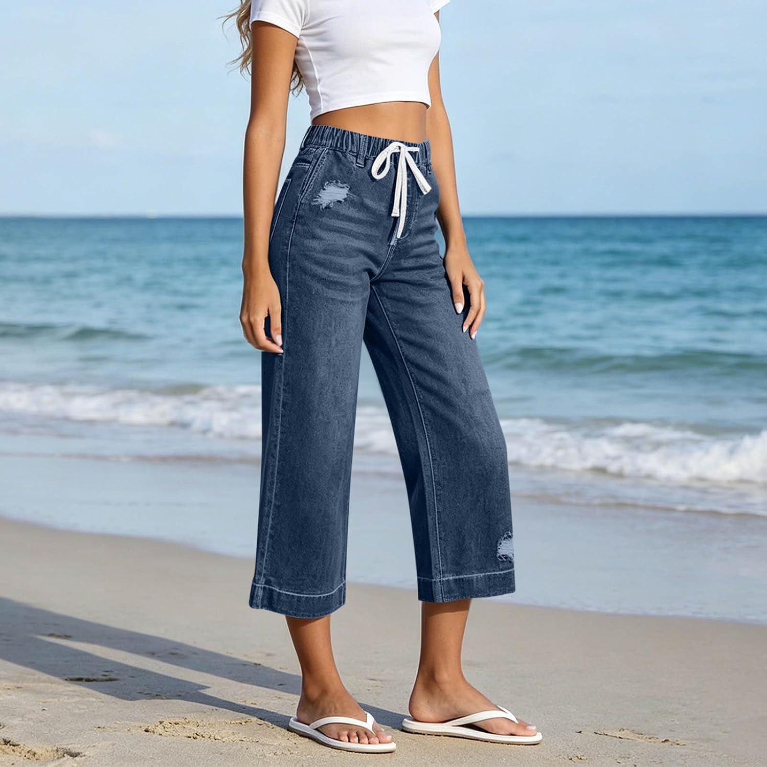 Capri Jeans for Women 2026 Casual Summer Drawstring Elastic Waist Straight Wide Leg Jeans Pant Stretch Denim Pants