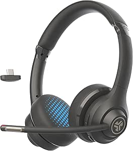 JLab Go Work Gen 2 Wireless Headsets with Microphone - 55+ Playtime PC Bluetooth Headset and Multipoint Connect to Laptop Computer and Mobile - Wired or Wireless (Bluetooth or USB Dongle) Headphones