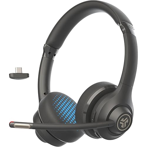 JLab Go Work Gen 2 Wireless Headsets with Microphone - 55+ Playtime PC Bluetooth Headset and Multipoint Connect to Laptop Computer and Mobile - Wired or Wireless (Bluetooth or USB Dongle) Headphones