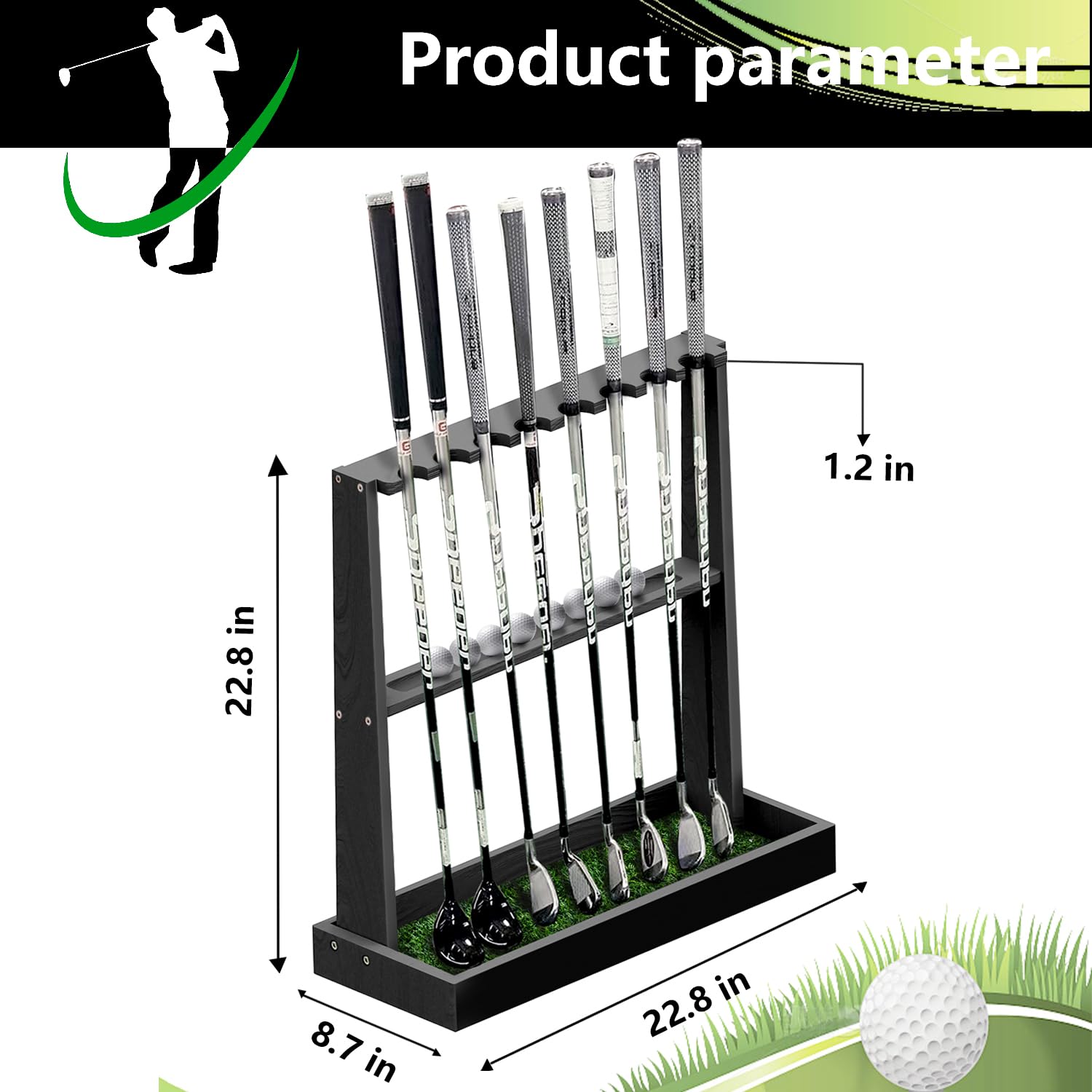 Soporte para palos de golf, estante de madera para palos de golf, estante de exhibición interior, organizador de palos de golf para almacenamiento de 8 palos y 11 pelotas, estante de golf para
