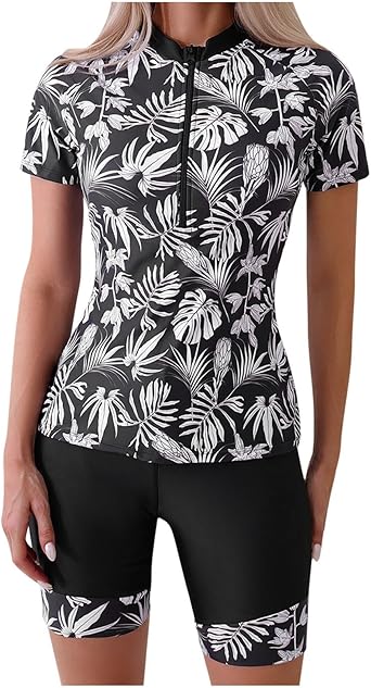 Women Two Piece Rash Guard Short Sleeve Swim Shirt with Shorts Swimsuits Zipper Surfing Bathing Suit Swimwear Set