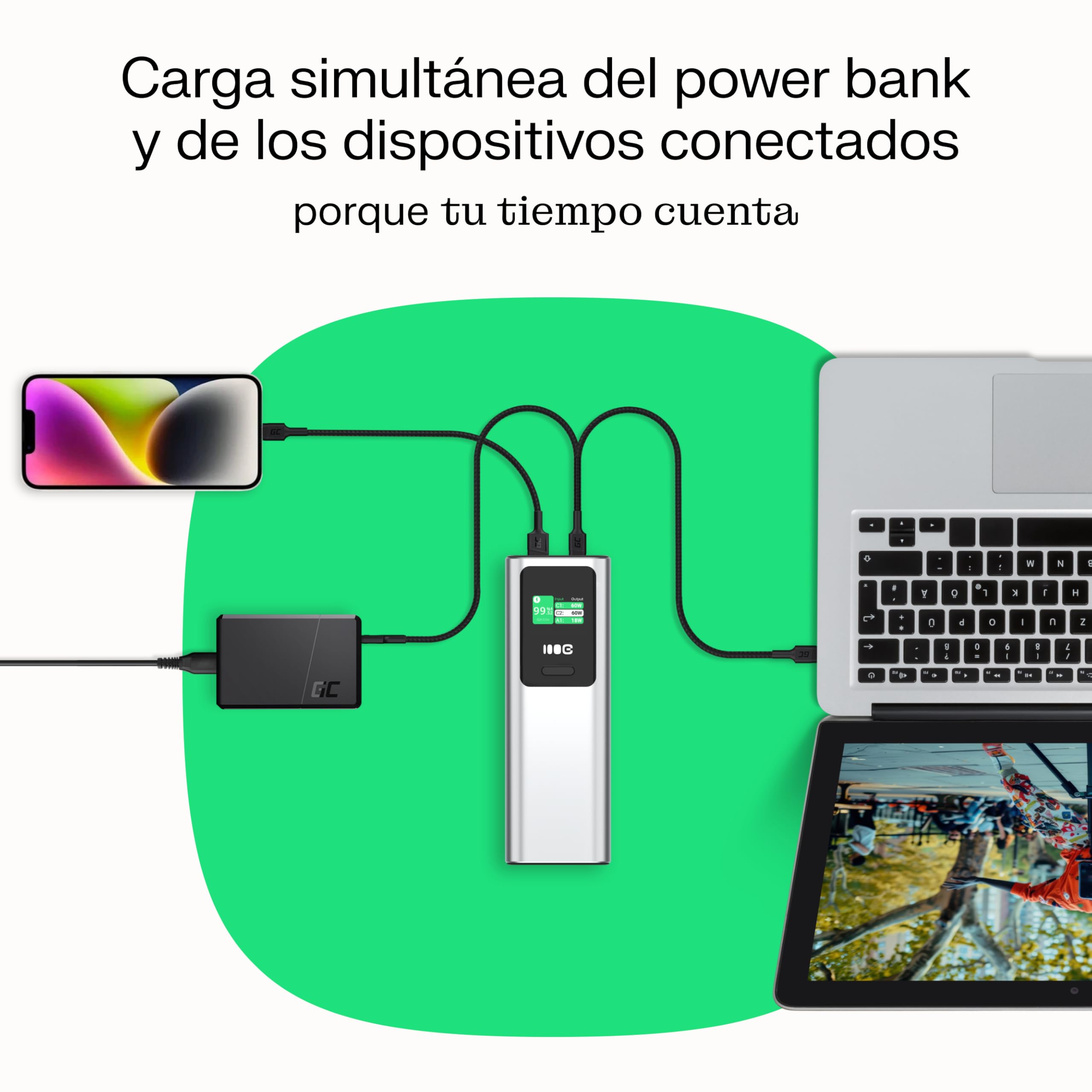 Greencell PowerPlay Ultra Powerbank 25200 mAh 140 W, USB-C PD, carga rápida para ordenador portátil, MacBook, iPhone 16/15/14 Pro Max, pantalla LCD, cargador externo para dispositivos con alto consumo