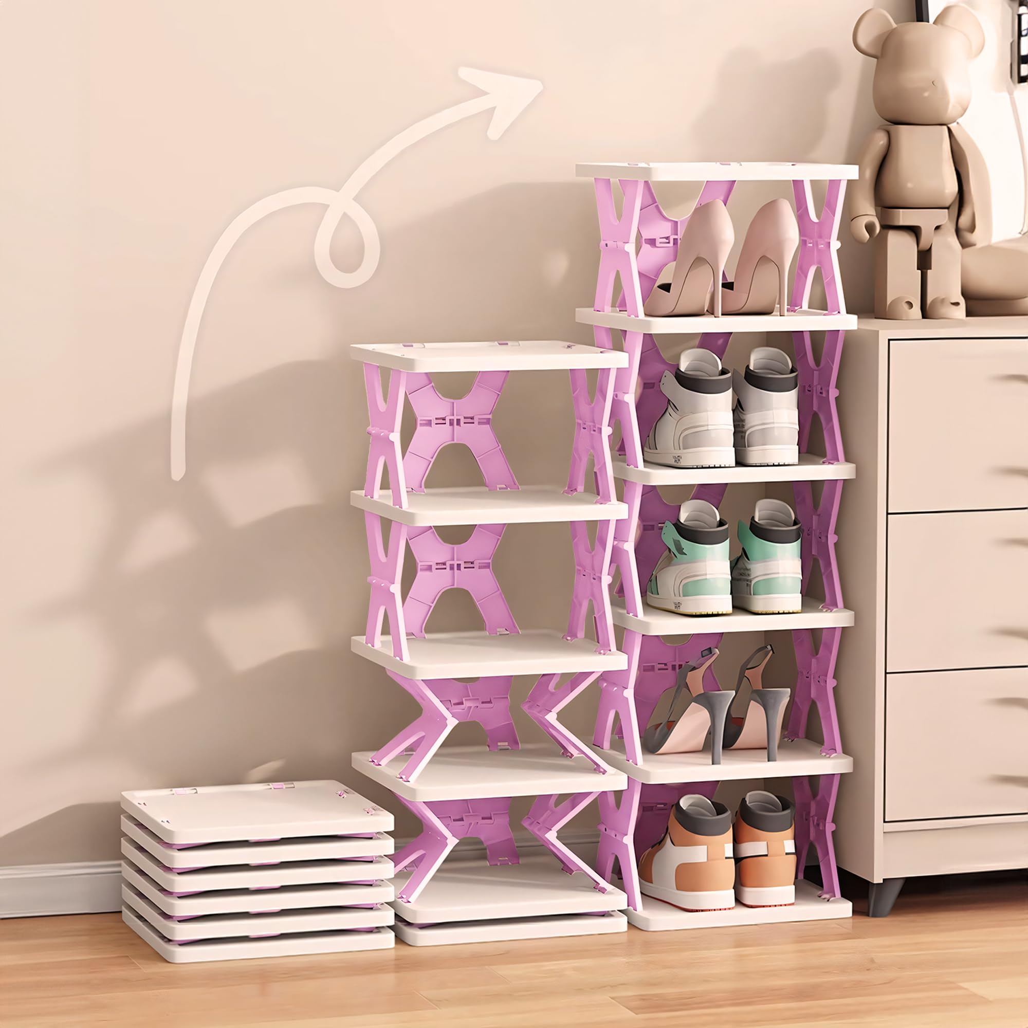 Collapsible Shoe Rack 6 Tiers-Foldable Shoe Organizer for Closet, Space-Saving Kid's Shoe Storage, No Assembly Shoe Shelves for Entryway, Living Room, Bedroom, Pink