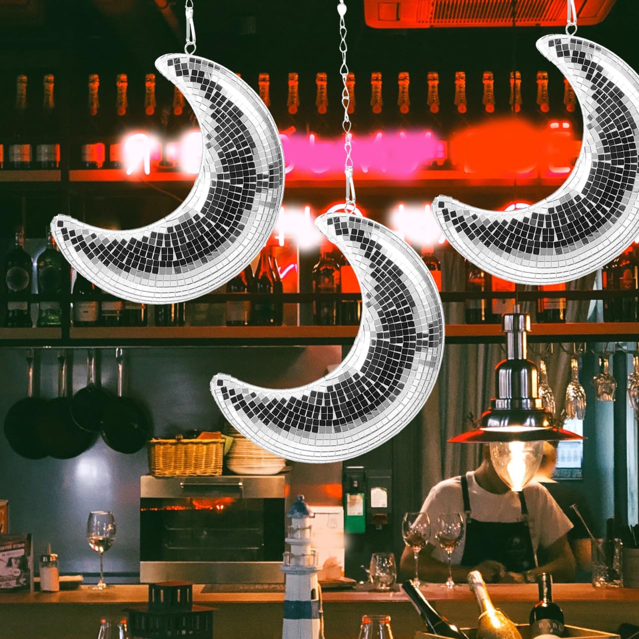 Boule disco en forme de lune à suspendre avec chaîne pour bar, karaoké, club, scène, maison, mariage, fête d'anniversaire, décoration de boule disco