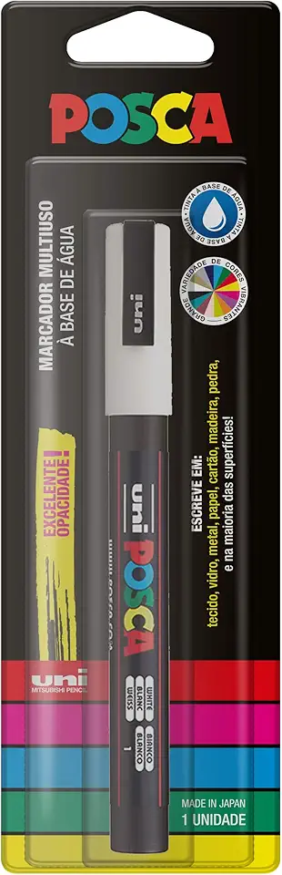 POSCA, UNI, Caneta Marcador PC-3M, Ponta Fine, traço de 0,9mm a 1,3mm, Branca, Blister com 1 Unidade