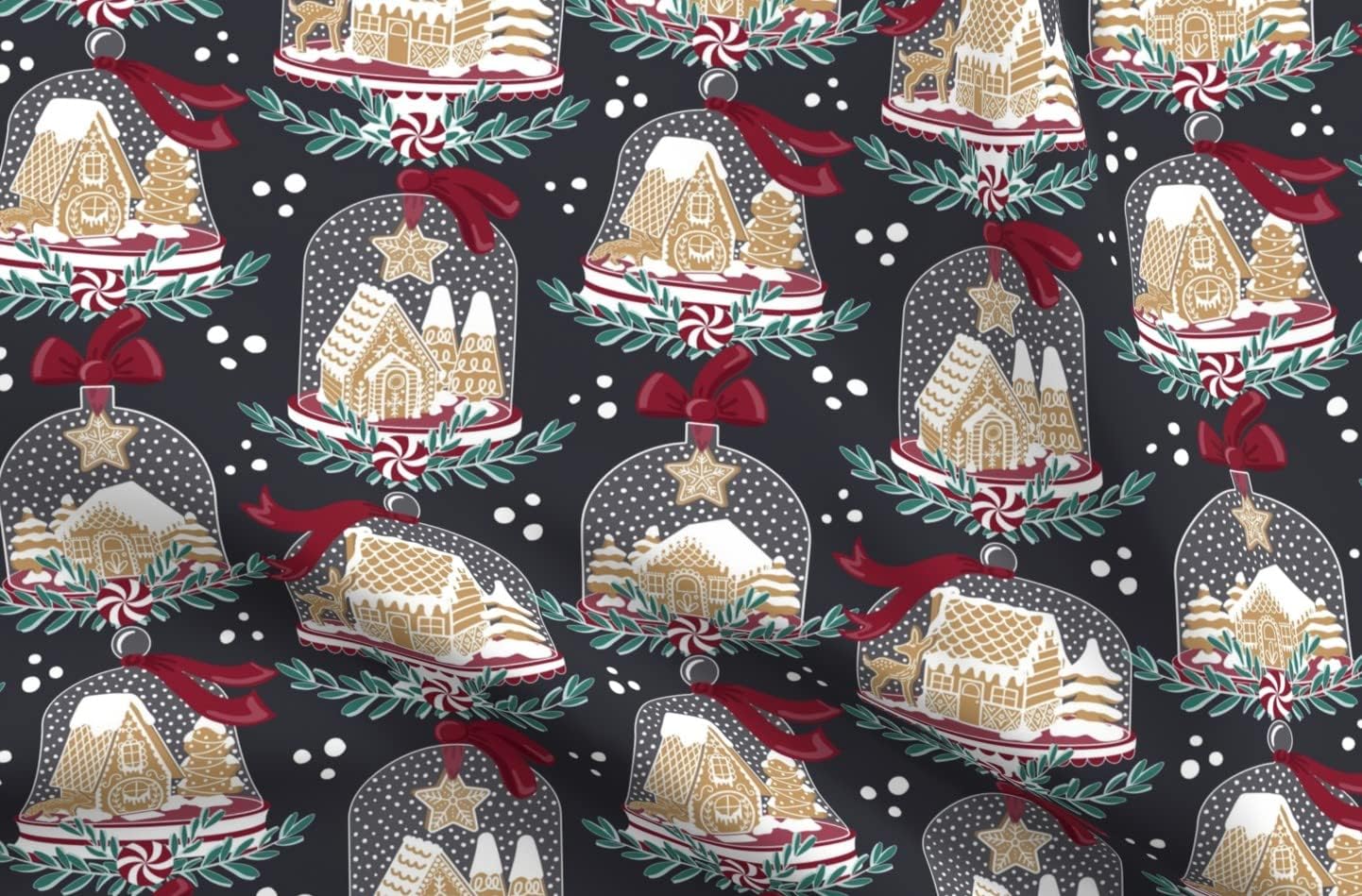 Spoonflower Fabric - Gingerbread Snow Holiday Red Slate Green Baking Christmas House Winter Printed on Organic Cotton Sateen Fabric by The Yard - Sewing Quilting Apparel Home Decor