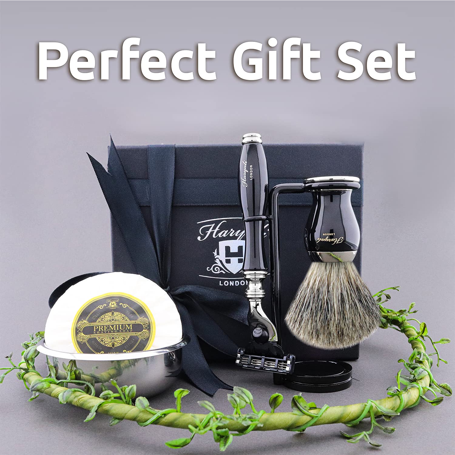 Haryali London 4 Pcs Shaving Kit 3 Edge Razor with Badger Hair Shaving Brush, Stand and Stainless Steel Bowl Perfect Set for Men