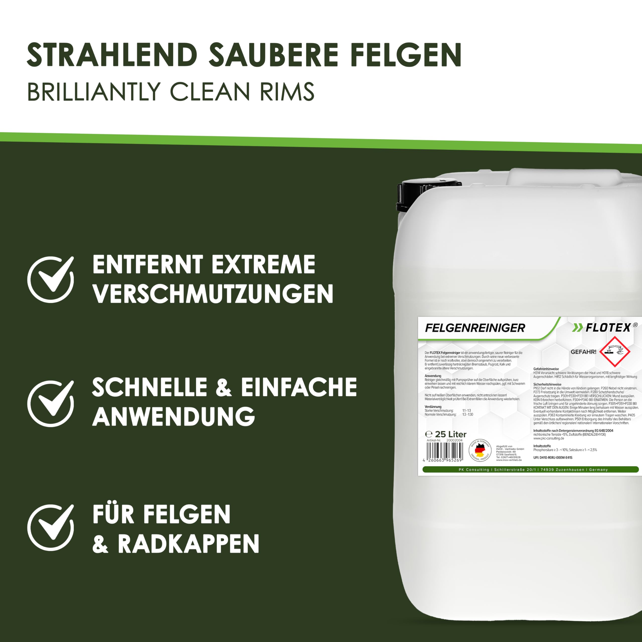 Felgenreiniger für Auto & Motorrad 25L | Saurer Felgen Reiniger effektiv gegen Bremsstaub, Flugrost & hartnäckige Verschmutzungen | Felgenreiniger Alufelgen & Stahlfelgen | Made in Germany