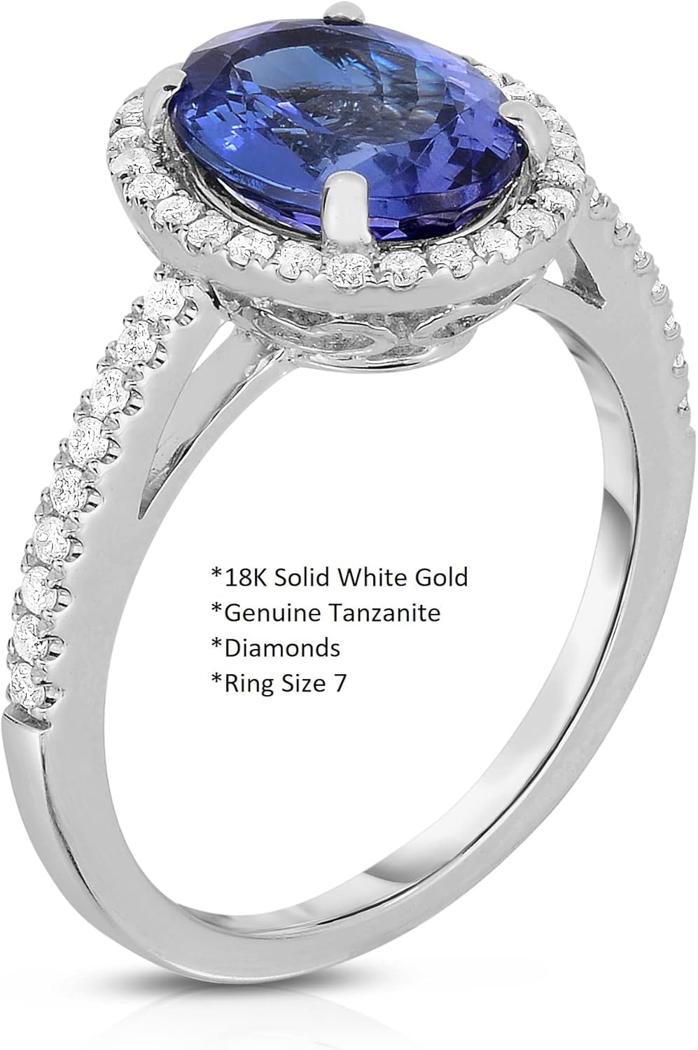 18K White Gold Genuine Tanzanite 3Ct Oval, Diamond Halo Ring. size 7 - Image 2