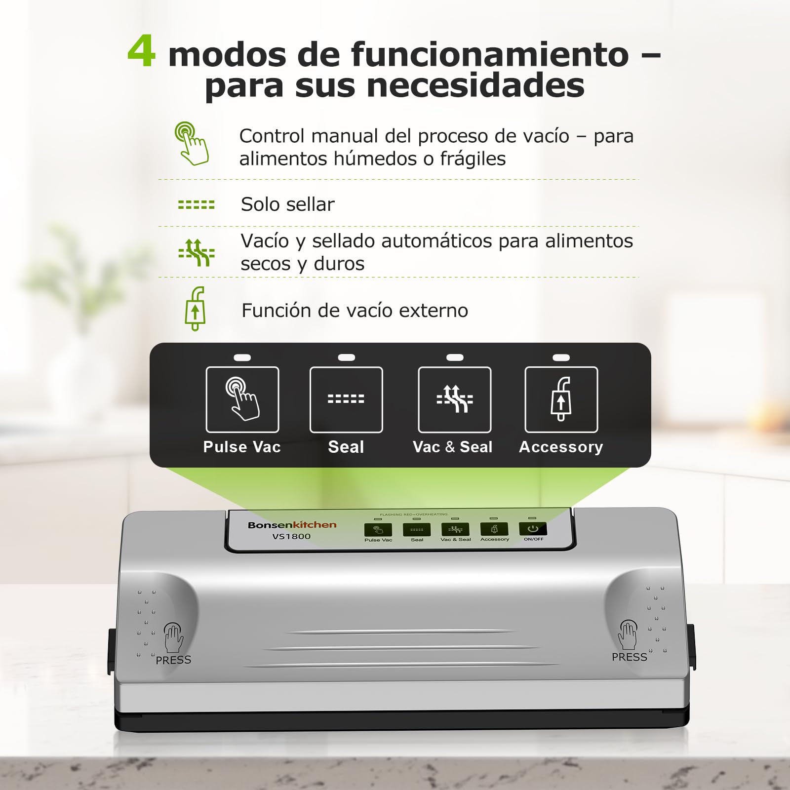Bonsenkitchen Envasadora al Vacío, Sellado Robusto 30 cm, Función Pulse para Alimentos Húmedos, Kit de Vacío Externo, Uso Continuo con Protección Térmica, con 5 Bolsas, VS1800