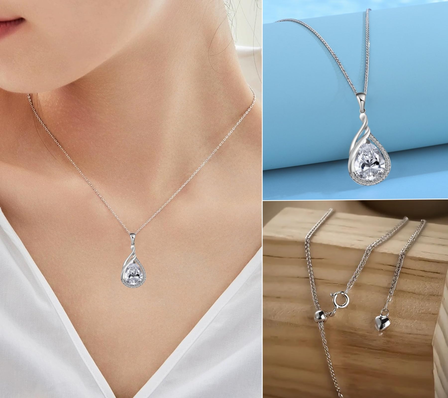 925 Sterling Silber Dame Kette Kristall Zirkon Anhänger Halskette Träne Birne Oval Edelstein Geburtsstein Rubin Smaragd Saphir Schmuck Geschenk für Frau Mutter Tochter Freundin