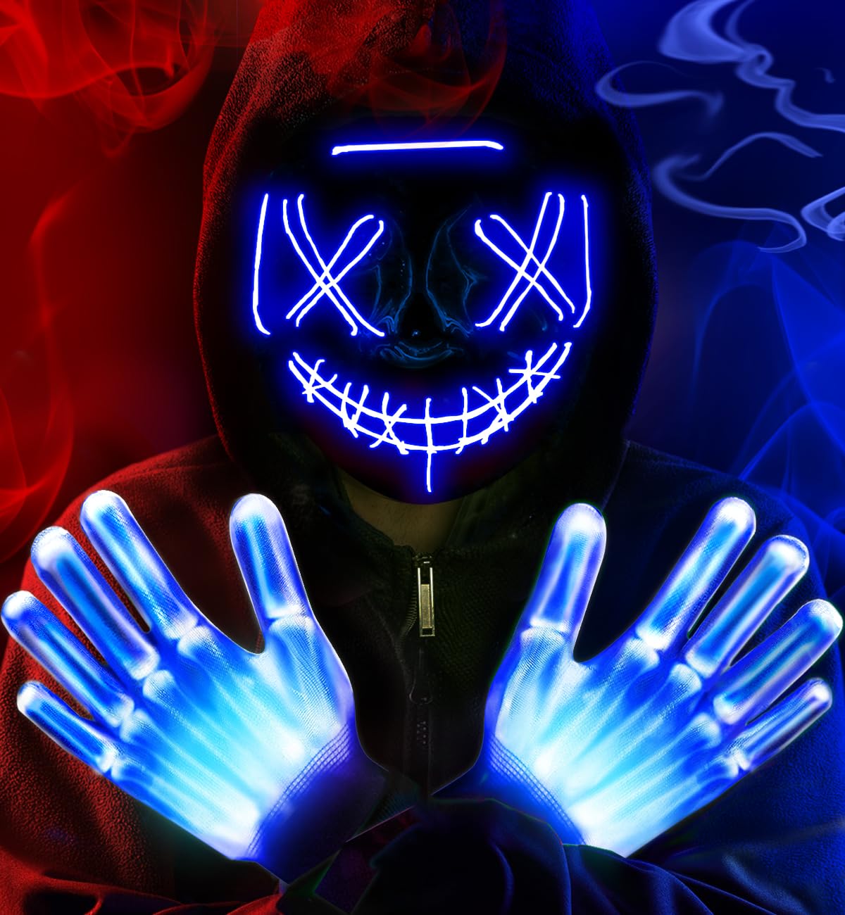 Halloween LED Light Up Purge Mask with LED Gloves, 3 Modes Glow Scary Costume for Kids, Boys, Girls, Teen, Family, Kids, Children