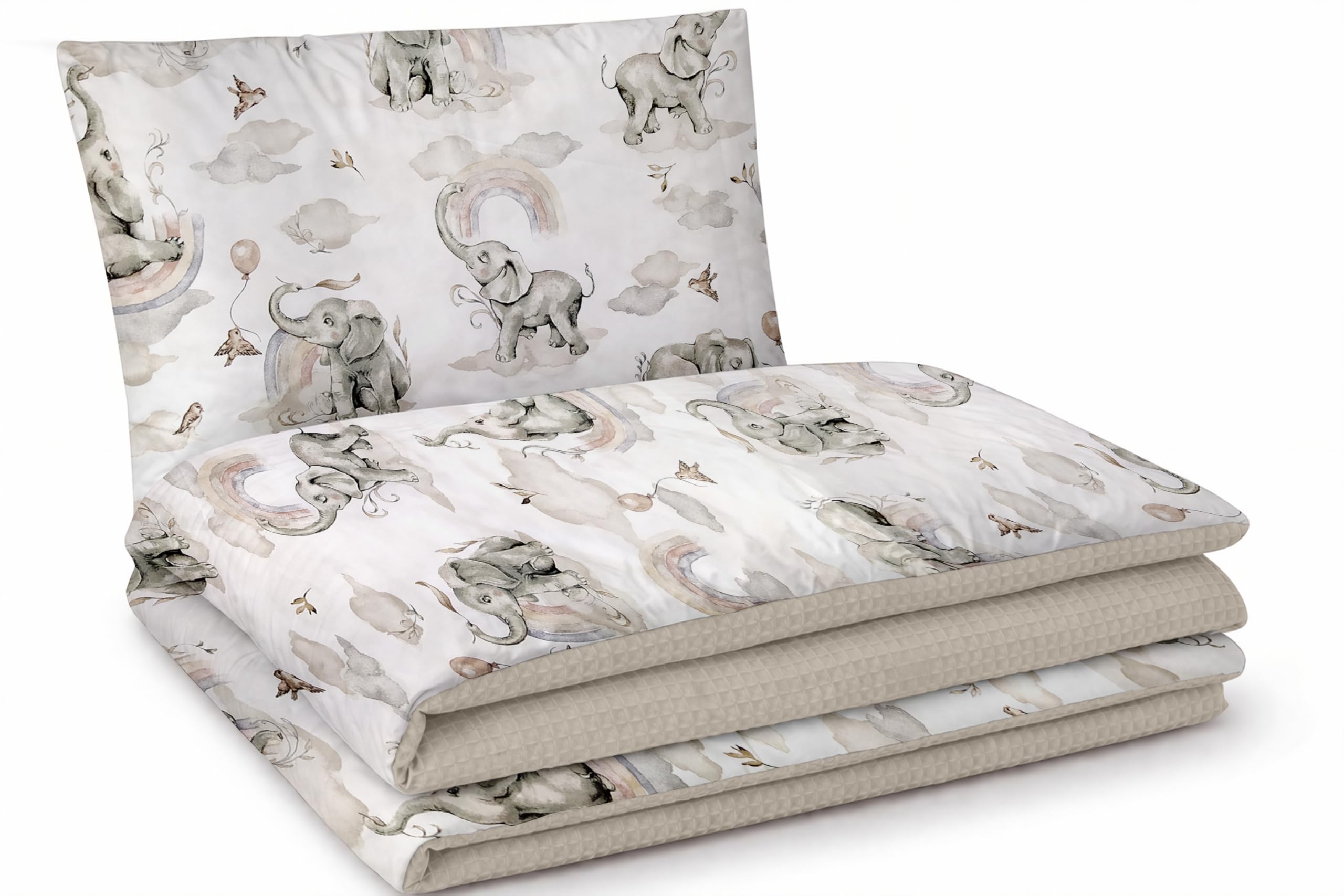 Babynest Nestchen Baby Set für Neugeborene – 5-teilig – Kuschelnest aus 100% Baumwolle & Waffelpique – Babykokon tragbar – für Babybett, Kinderbett & Kinderwagen – OEKO-TEX - Elefanten und Sand