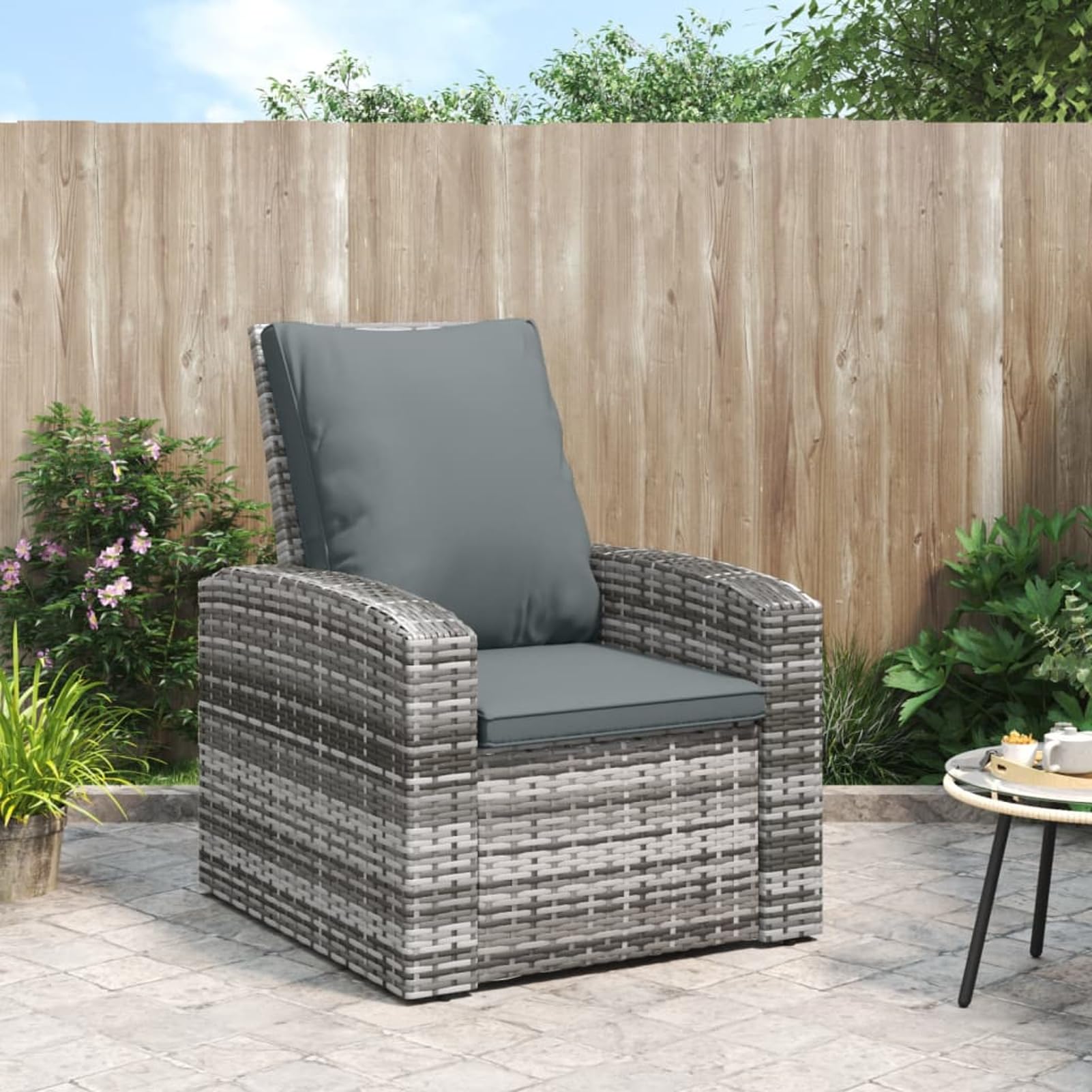 Homgoday Poltrona reclinabile da giardino con cuscini in rattan sintetico grigio, sedie da giardino poltrona da esterno terrazza balcone patio poltrona seduta mobili mobili casa sala da pranzo