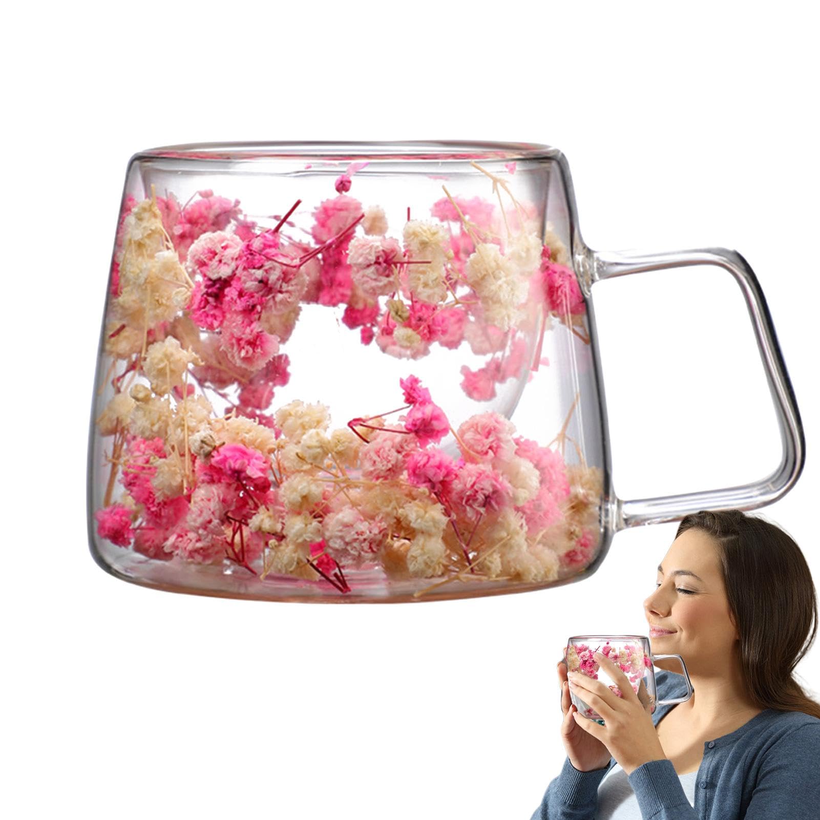 ★asian interior★ ★Glass＆Flower・set Paodduk Flowers Inside Glass Coffee Mug, 200ml Double Wall Glass
