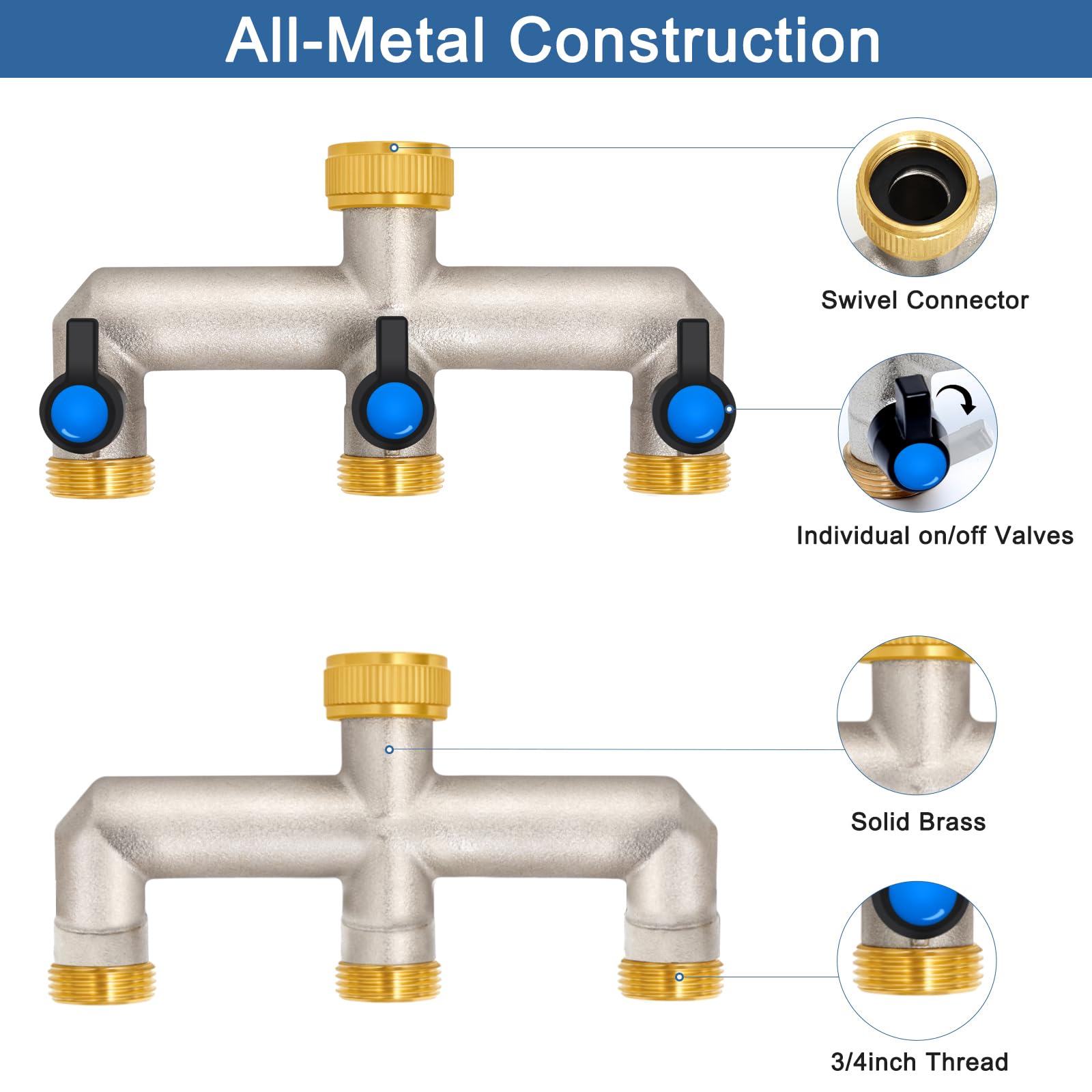 3-weg waterverdeler van messing voor 3 apparaten/tuinslangen, 3-delige verdeler 3/4 inch adapter 1/2 inch met kogelkraan voor het instellen en afsluiten van de waterstroom