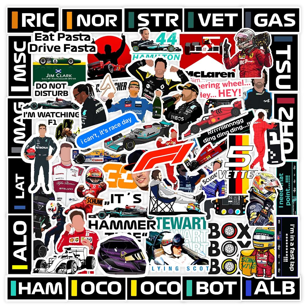 CodersParadiseCodersParadise Pack of 60 F1 Formula One Racing Vinyl Self-Adhesive Stickers for Laptop, Journal, Diary, Guitar, Mobile Case - Waterproof Residue Free Multicolor Stickers - 3 Inches for Metal, Glass