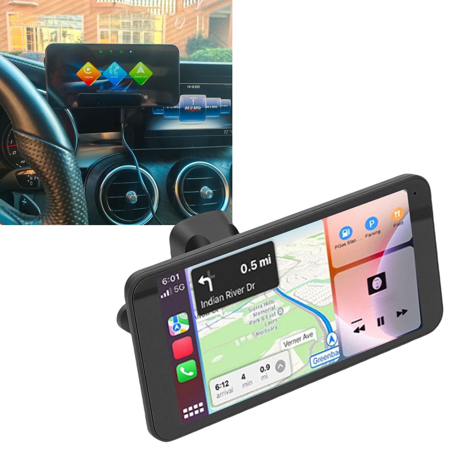 Bezprzewodowy Ekran Przenośnego Samochodu, 6,5-calowy Ekran Dotykowy o Wysokiej Rozdzielczości, Sterowanie Głosowe Kompatybilne z CarPlay i Auto dla Wszystkich Pojazdów