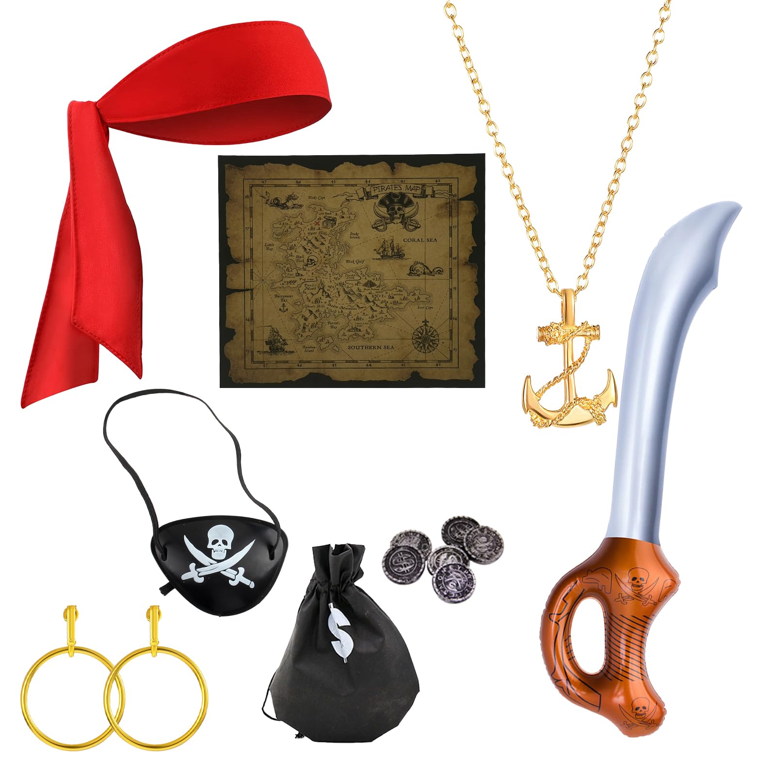 YNR 8 PCS Pirate Captain Costume Accessories Set for Adult Men Women Kids - Halloween Supplies Party Cosplay Dress Up