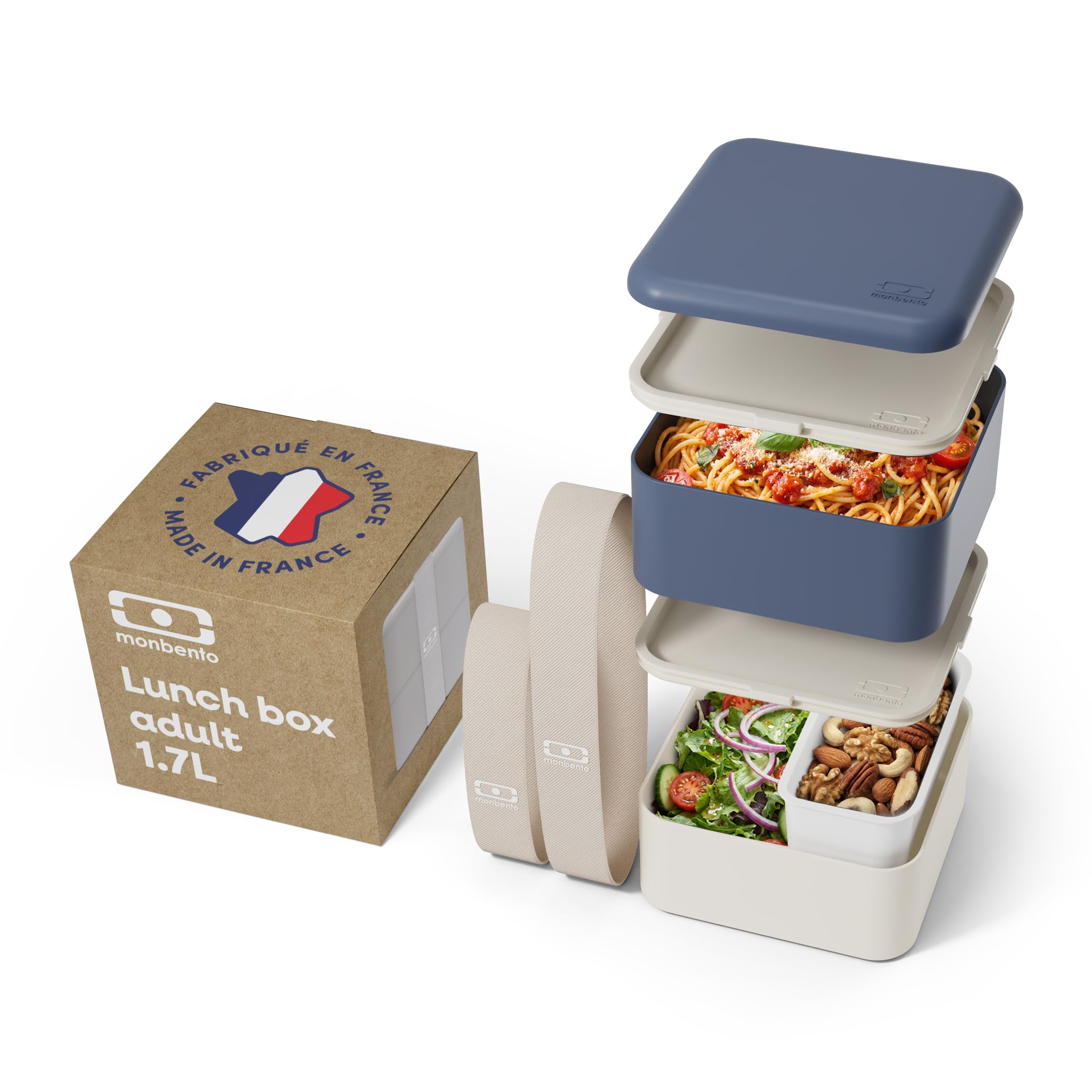 monbento - Gross Bento Box MB Square Natural mit Fächern Made in France - Auslaufsicher Lunchbox Perfekt für Büro/Meal Prep/Schule - BPA Frei - Lebensmittelecht - Natur Muster - Blau