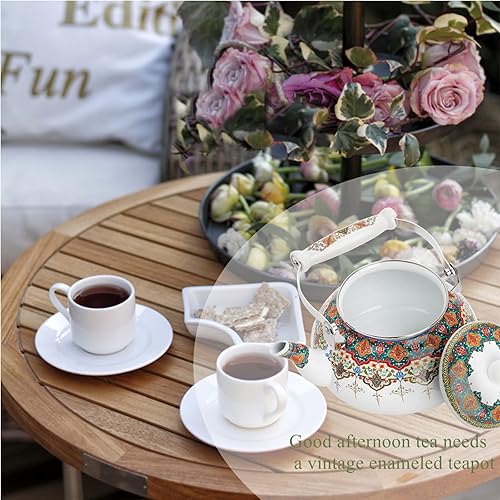 Miniatura 6 de ZOOFOX Hervidor de té esmaltado de cerámica, 2.6 cuartos de galón, tetera grande floral colorida con asa para estufa, olla retro de agua caliente,