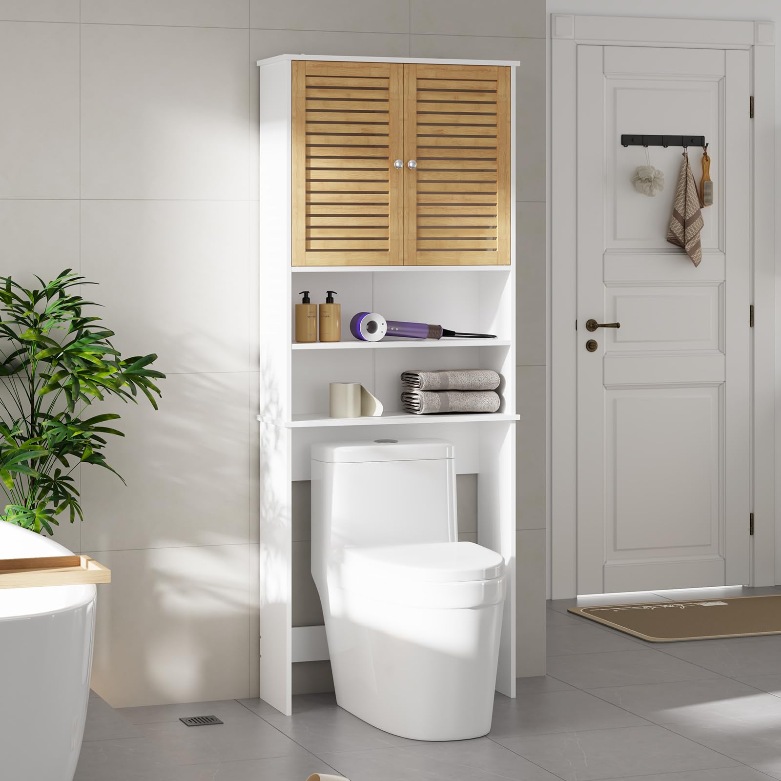 Meuble Machine à Laver, Armoire Dessus Toilette avec 2 Compartiments Ouverts, Espace Derrière 2 Portes en Bambou, Meuble WC Rangement avec Étagère Réglables, 185,5 x 65 x 24 cm